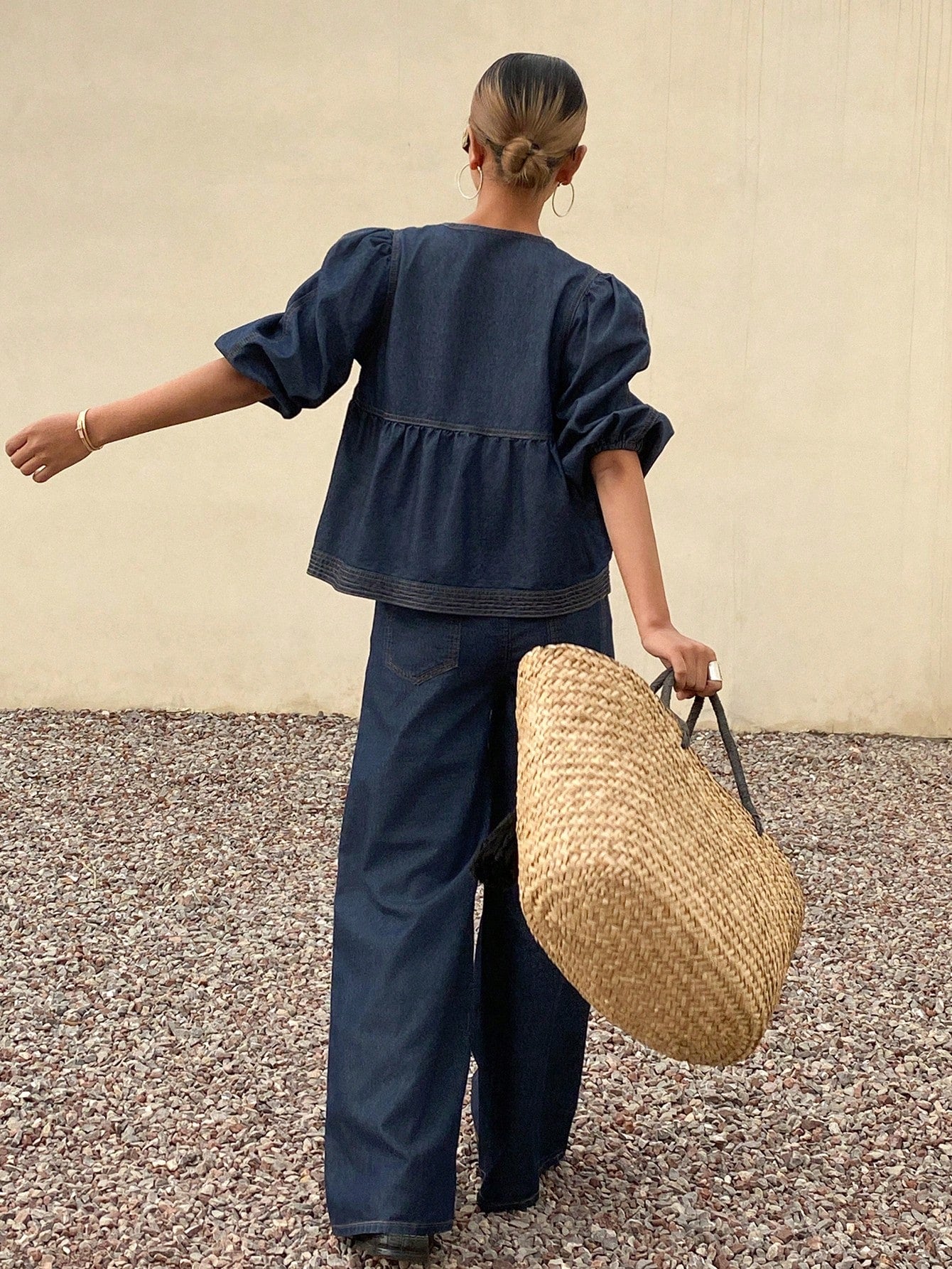 CM-SS574955 Women Casual Seoul Style Tie Neck Puff Sleeve Peplum Denim Top With Wide Leg Jeans - Set