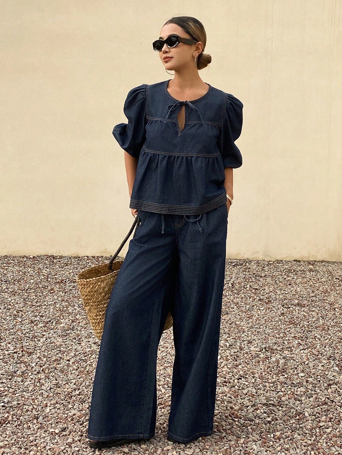 CM-SS574955 Women Casual Seoul Style Tie Neck Puff Sleeve Peplum Denim Top With Wide Leg Jeans - Set