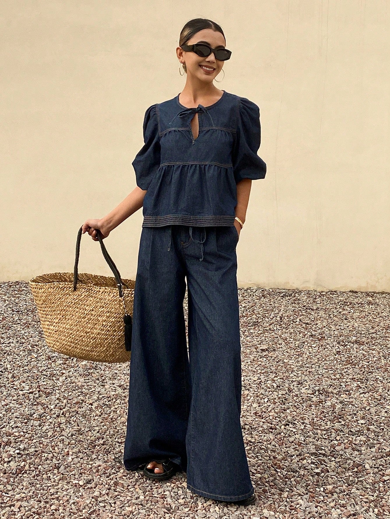 CM-SS574955 Women Casual Seoul Style Tie Neck Puff Sleeve Peplum Denim Top With Wide Leg Jeans - Set