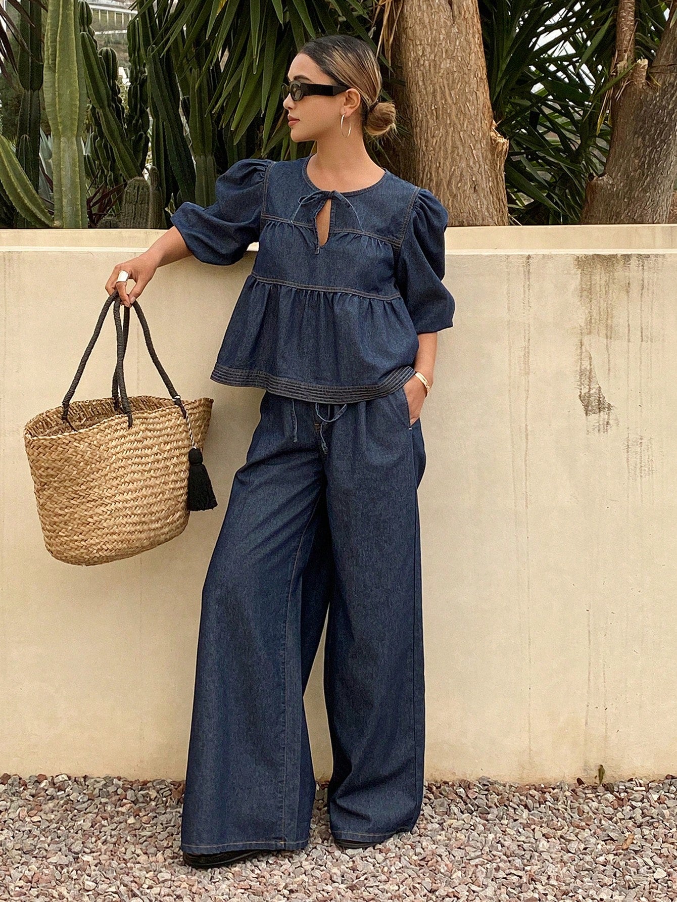 CM-SS574955 Women Casual Seoul Style Tie Neck Puff Sleeve Peplum Denim Top With Wide Leg Jeans - Set