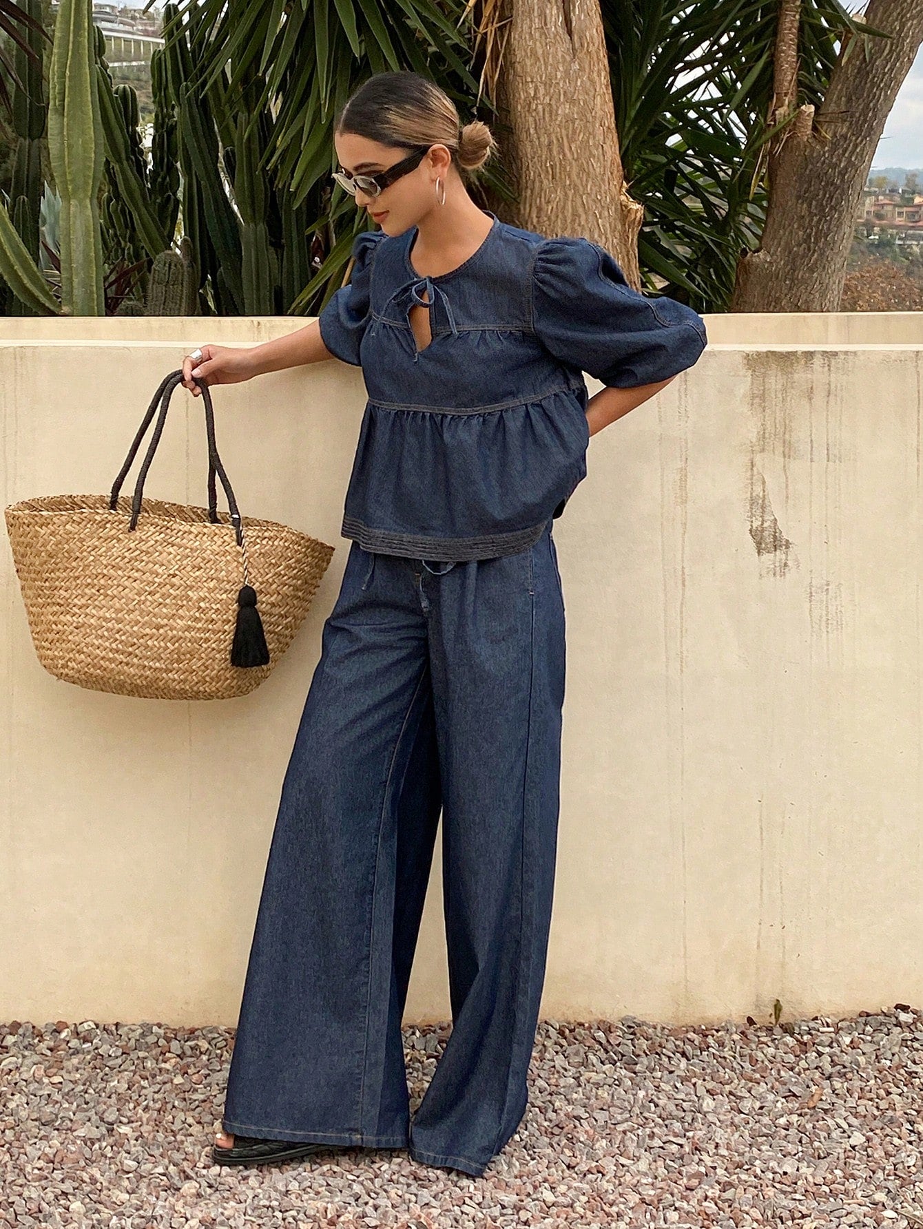 CM-SS574955 Women Casual Seoul Style Tie Neck Puff Sleeve Peplum Denim Top With Wide Leg Jeans - Set