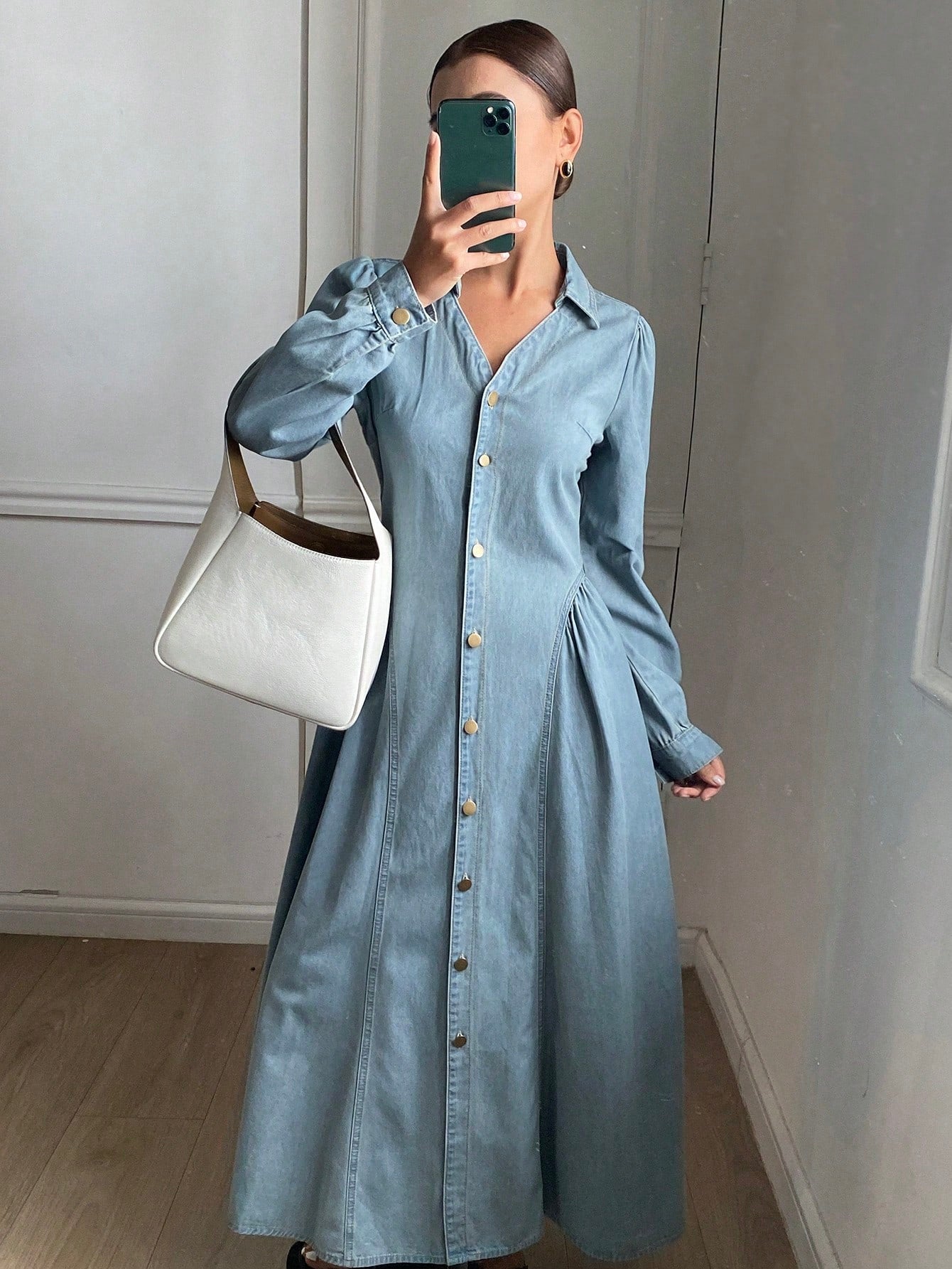 CM-DS524248 Women Casual Seoul Style Light Wash Lapel Neckline Long Sleeve Waist Cinching Denim Dress