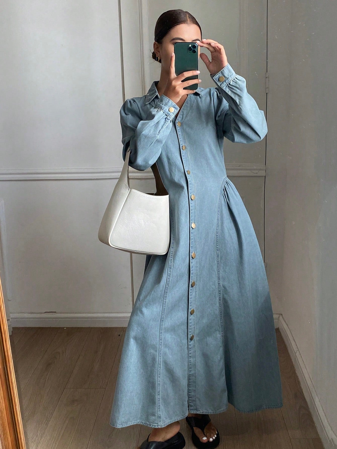 CM-DS524248 Women Casual Seoul Style Light Wash Lapel Neckline Long Sleeve Waist Cinching Denim Dress