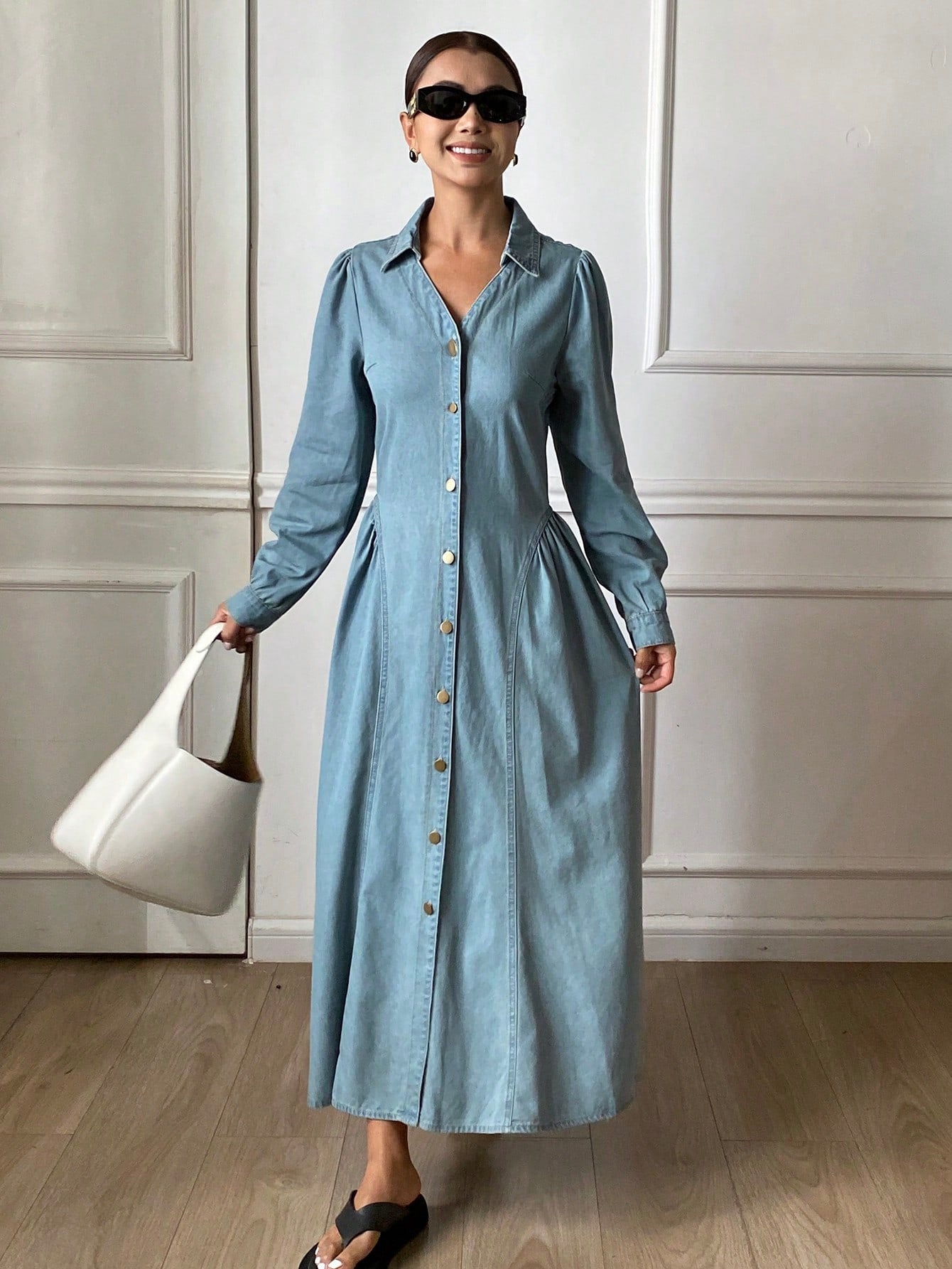 CM-DS524248 Women Casual Seoul Style Light Wash Lapel Neckline Long Sleeve Waist Cinching Denim Dress