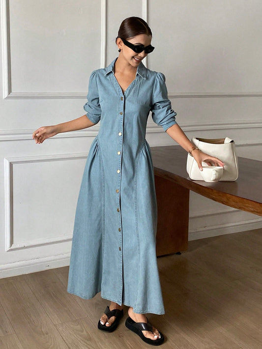 CM-DS524248 Women Casual Seoul Style Light Wash Lapel Neckline Long Sleeve Waist Cinching Denim Dress