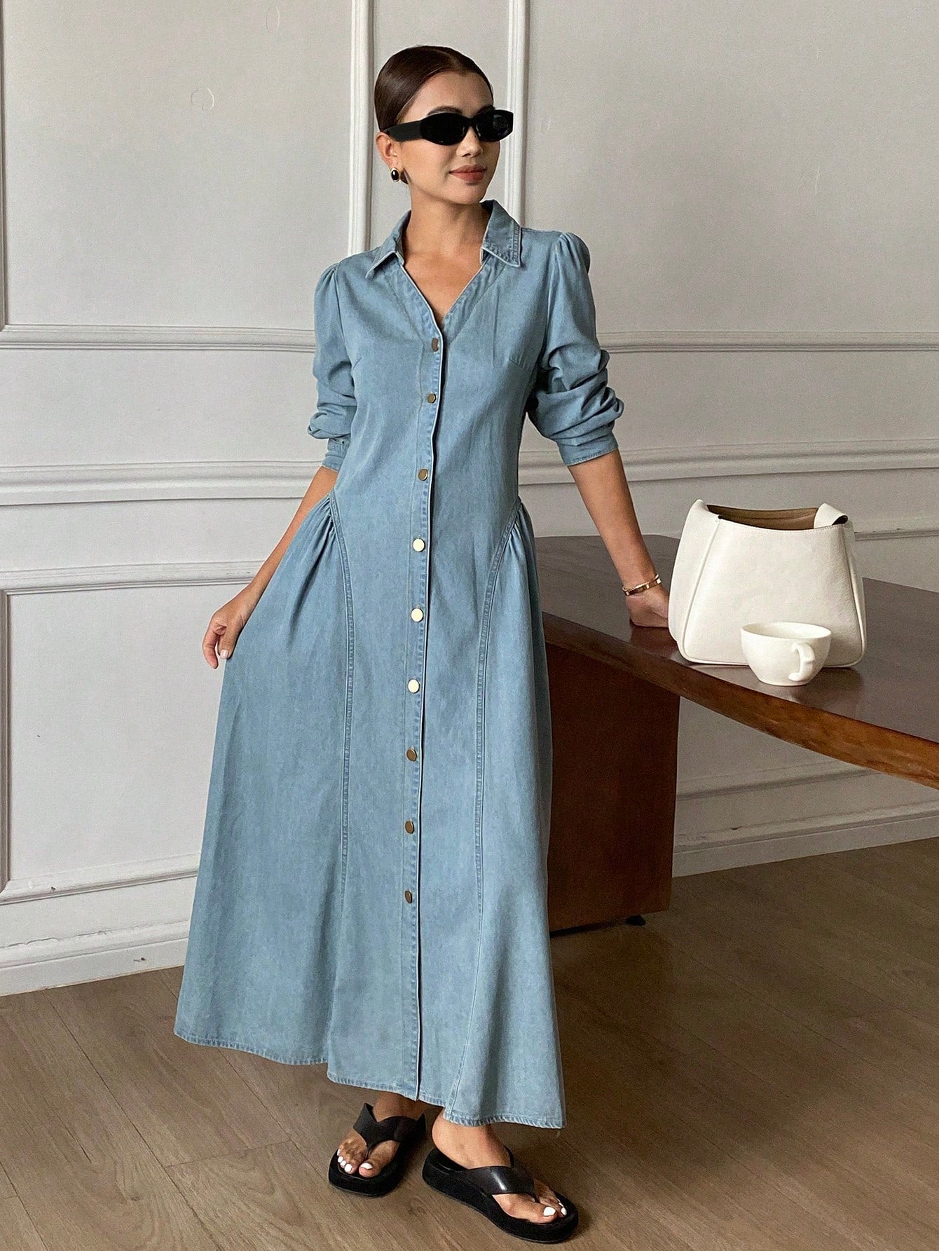 CM-DS524248 Women Casual Seoul Style Light Wash Lapel Neckline Long Sleeve Waist Cinching Denim Dress