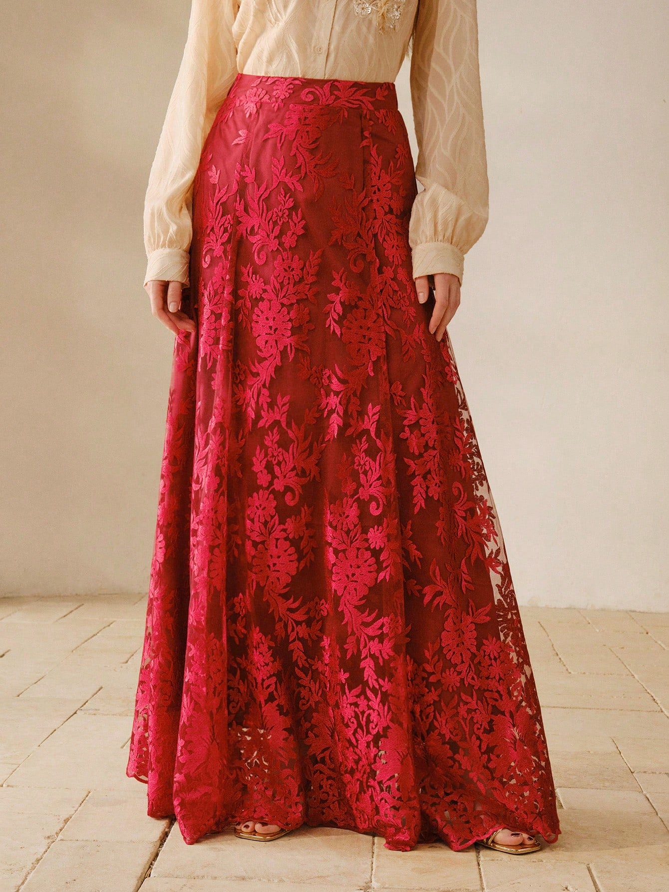 CM-BS849598 Women Elegant Seoul Style Mid Waist Embroidered Elastic Waist Flared Maxi Skirt - Red