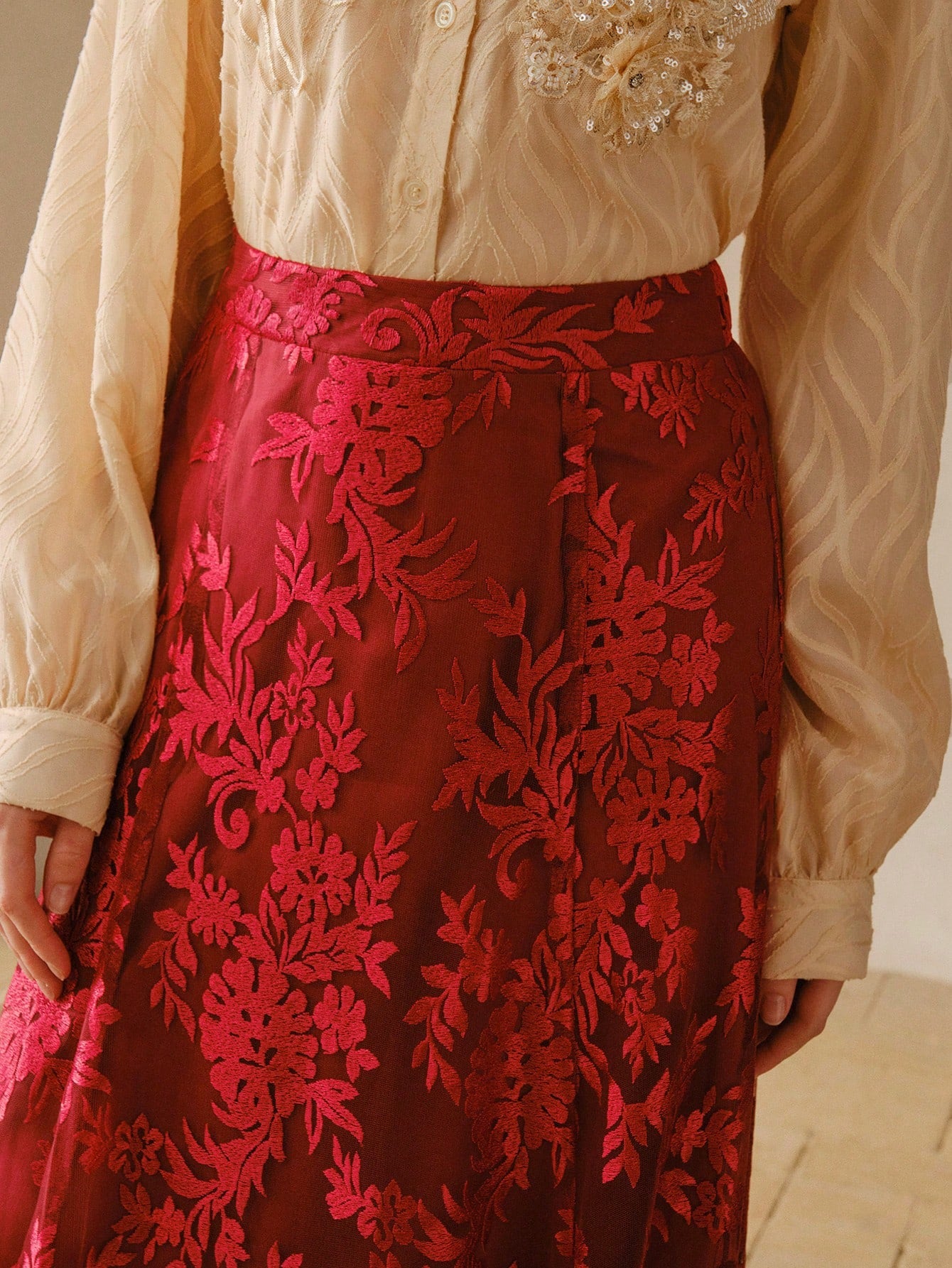 CM-BS849598 Women Elegant Seoul Style Mid Waist Embroidered Elastic Waist Flared Maxi Skirt - Red