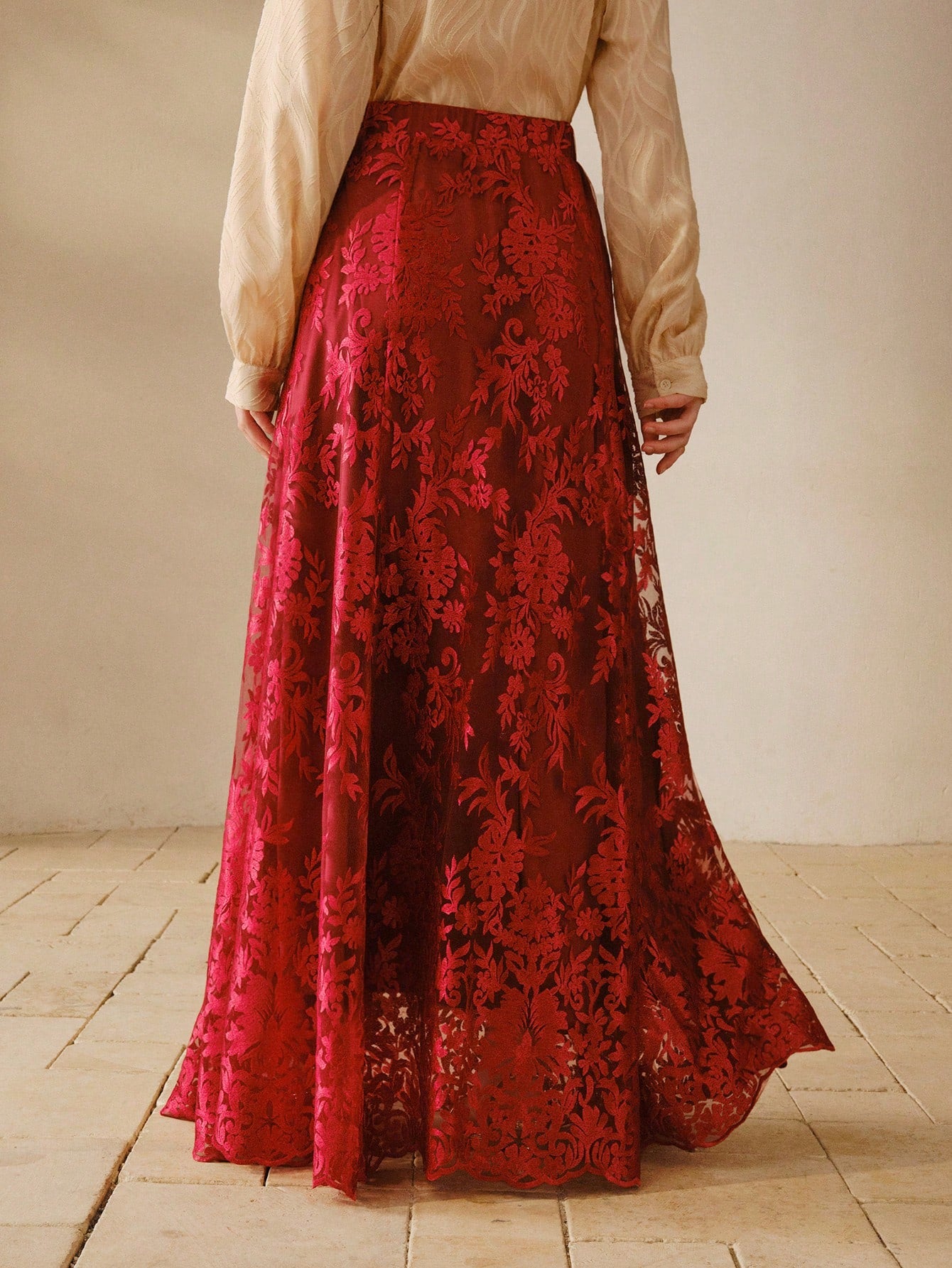 CM-BS849598 Women Elegant Seoul Style Mid Waist Embroidered Elastic Waist Flared Maxi Skirt - Red