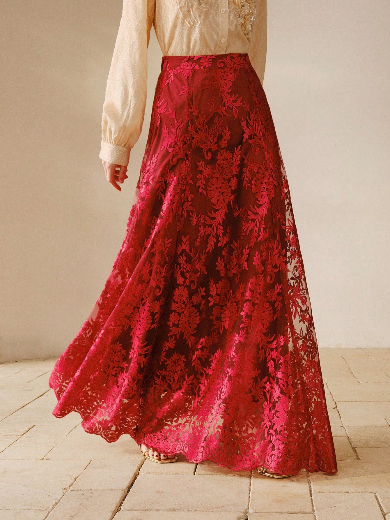 CM-BS849598 Women Elegant Seoul Style Mid Waist Embroidered Elastic Waist Flared Maxi Skirt - Red