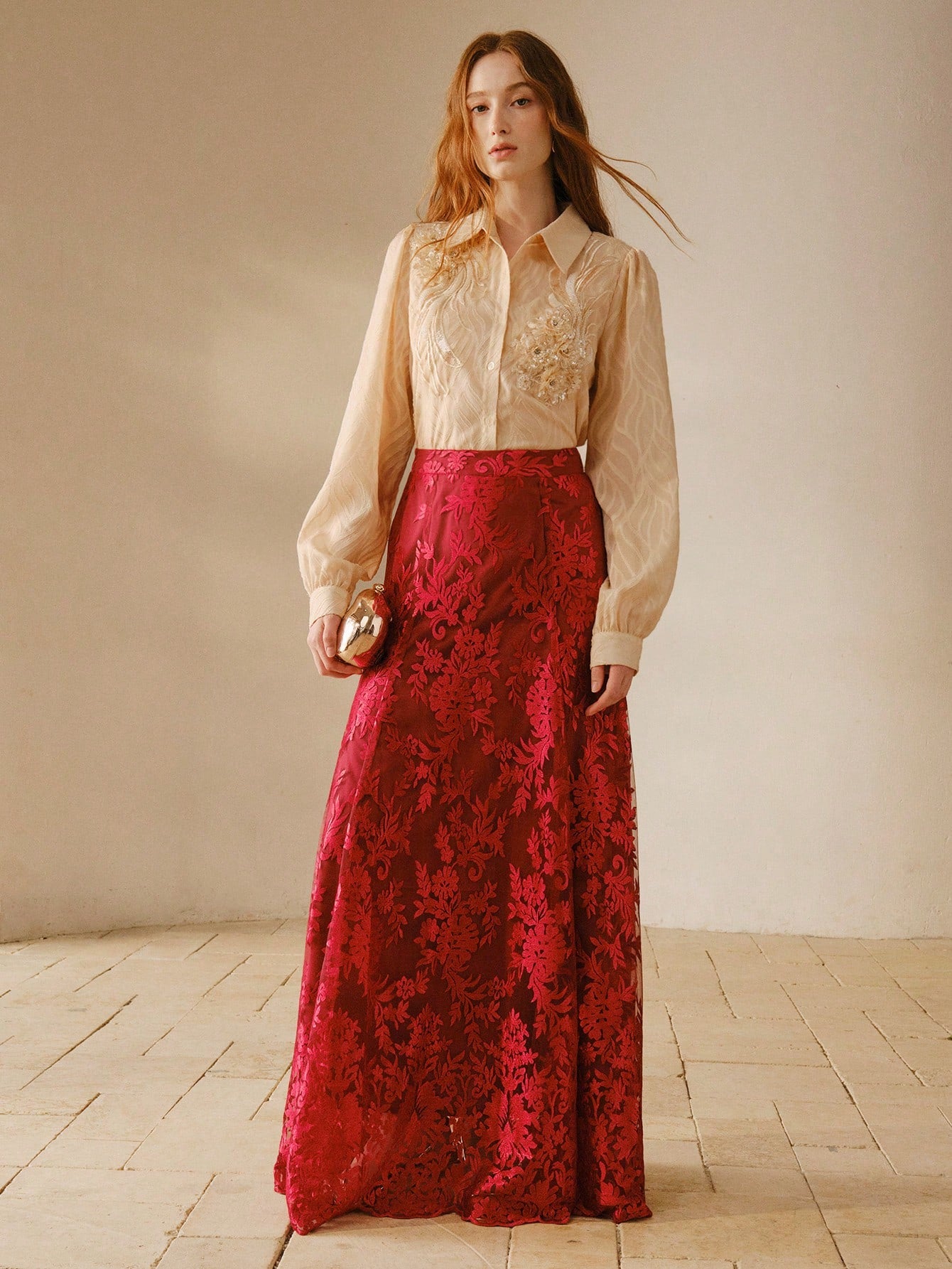 CM-BS849598 Women Elegant Seoul Style Mid Waist Embroidered Elastic Waist Flared Maxi Skirt - Red