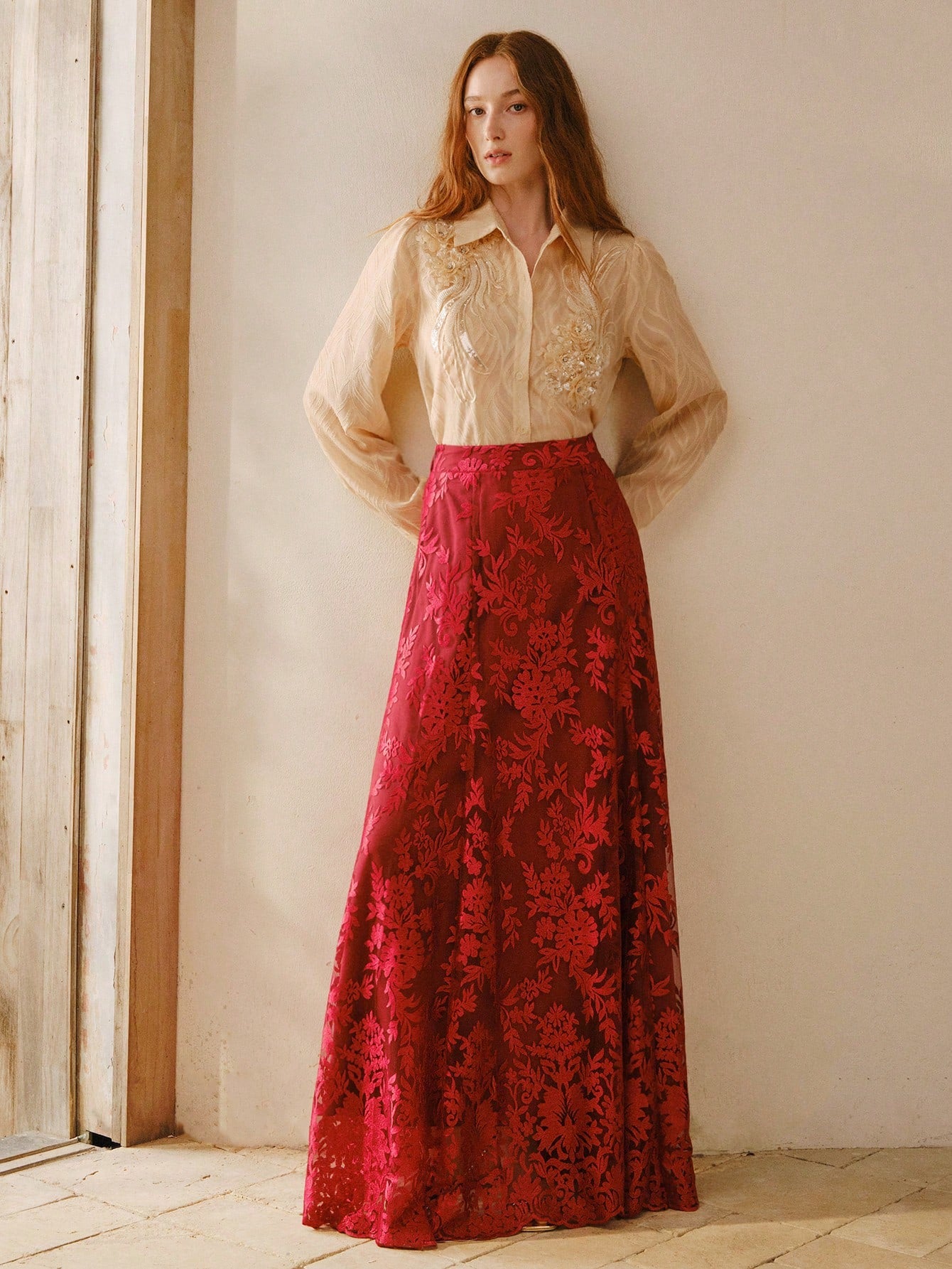 CM-BS849598 Women Elegant Seoul Style Mid Waist Embroidered Elastic Waist Flared Maxi Skirt - Red