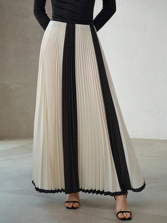 CM-BS390363 Women Elegant Seoul Style Mid Waist Colorblock Pleated Loose Maxi Skirt