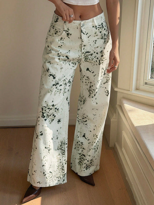 CM-BS774970 Women Casual Seoul Style Mid Waist Print Distressed Design Straight-Leg Jeans - Army Green