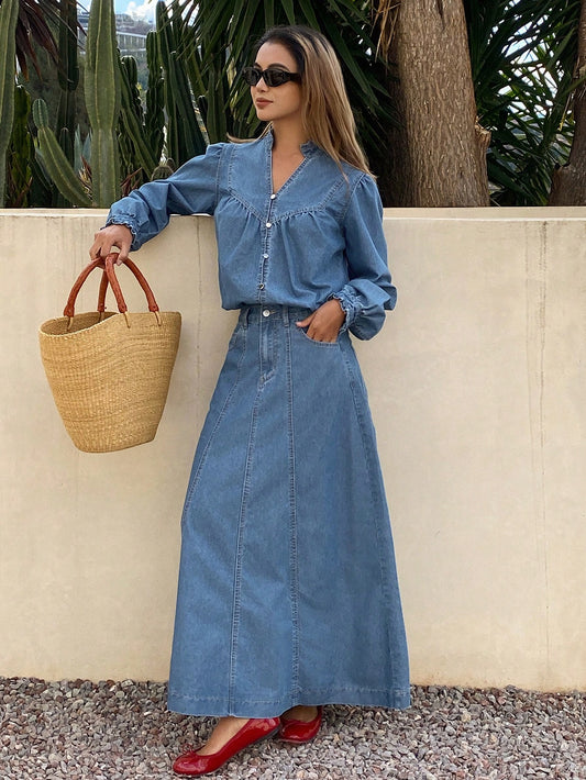 CM-SS787017 Women Casual Seoul Style Notched Neckline Long Sleeve Frill Trim Denim Shirt With Long Skirt - Set