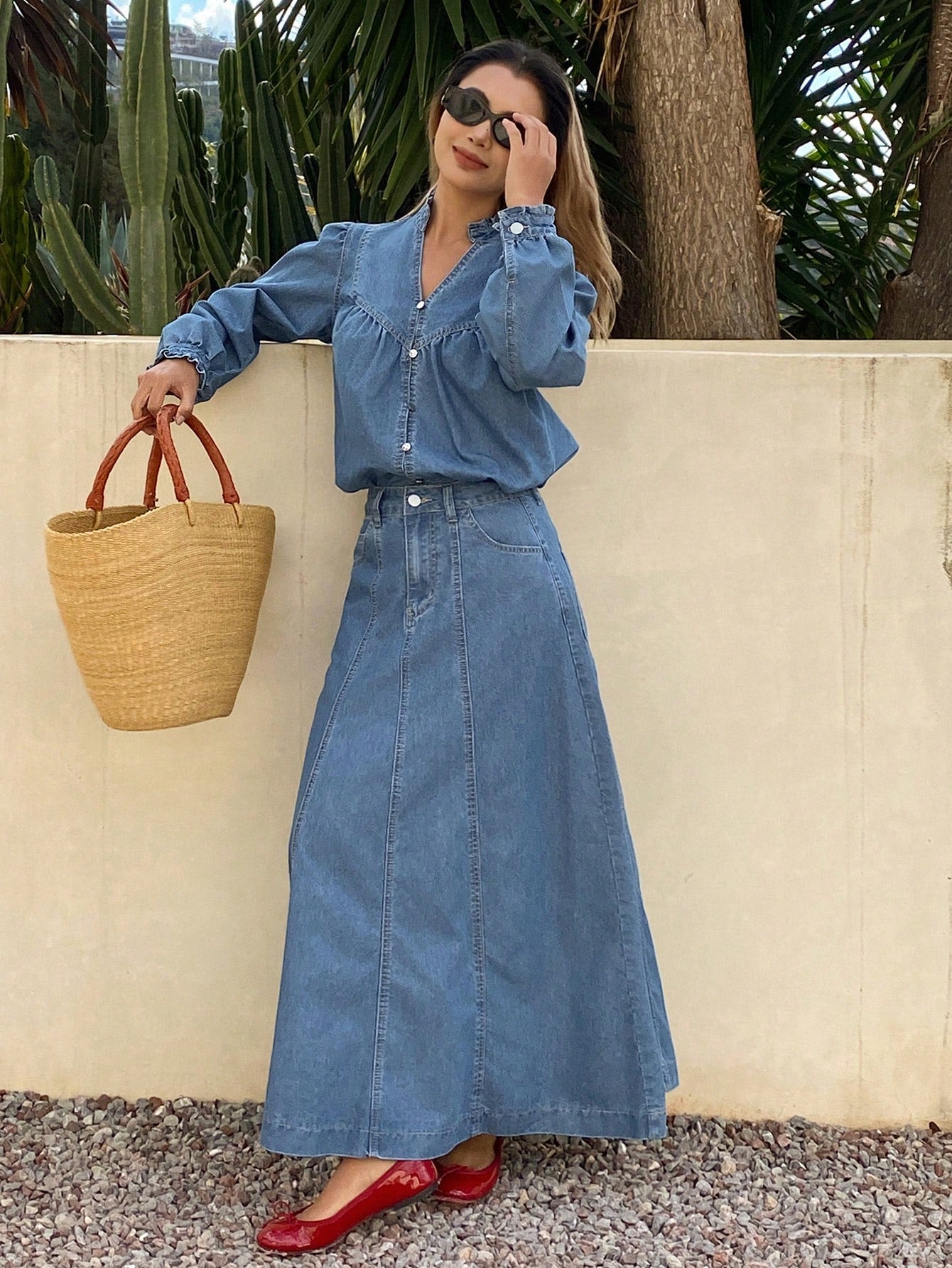 CM-SS787017 Women Casual Seoul Style Notched Neckline Long Sleeve Frill Trim Denim Shirt With Long Skirt - Set