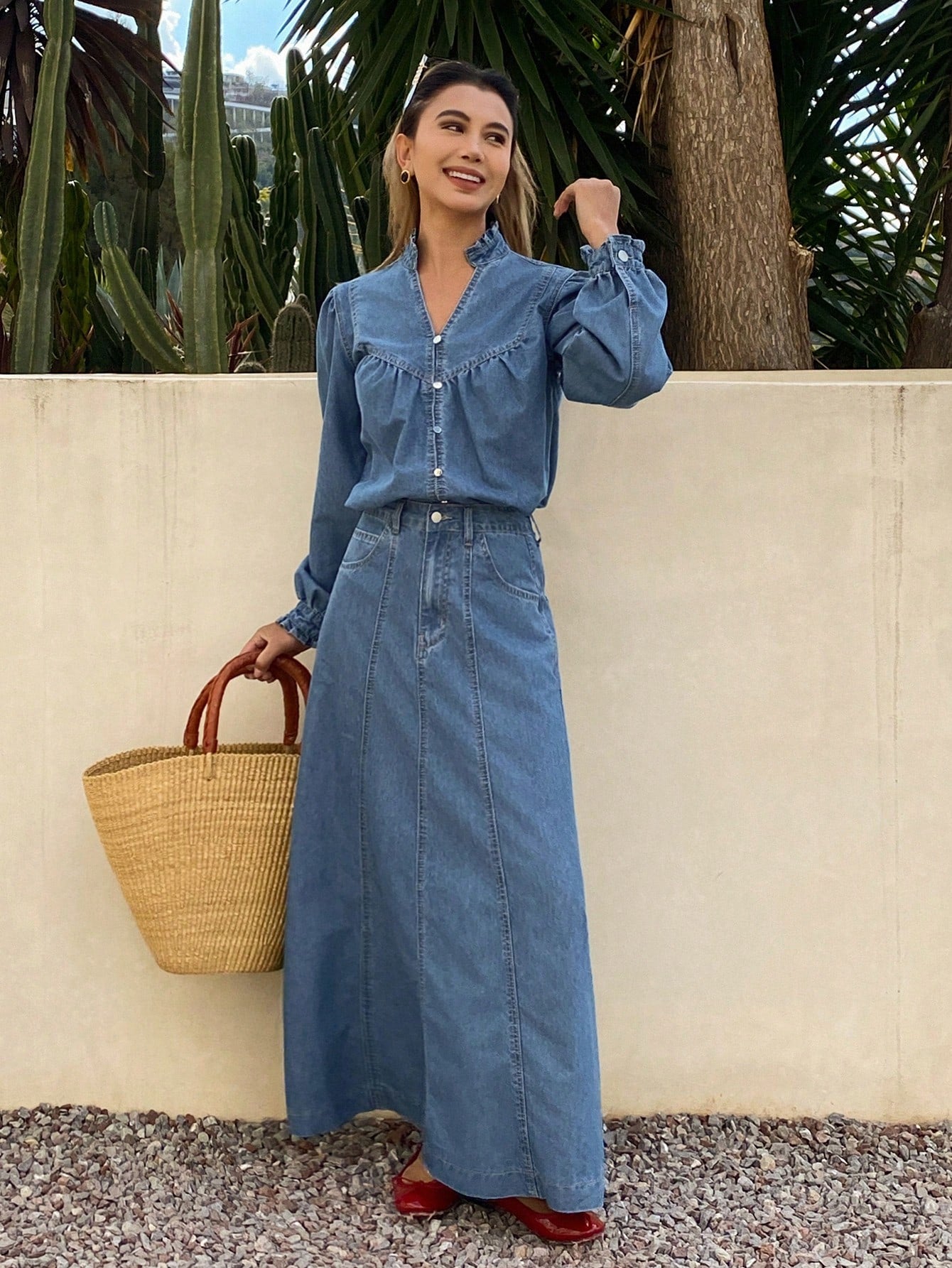 CM-SS787017 Women Casual Seoul Style Notched Neckline Long Sleeve Frill Trim Denim Shirt With Long Skirt - Set