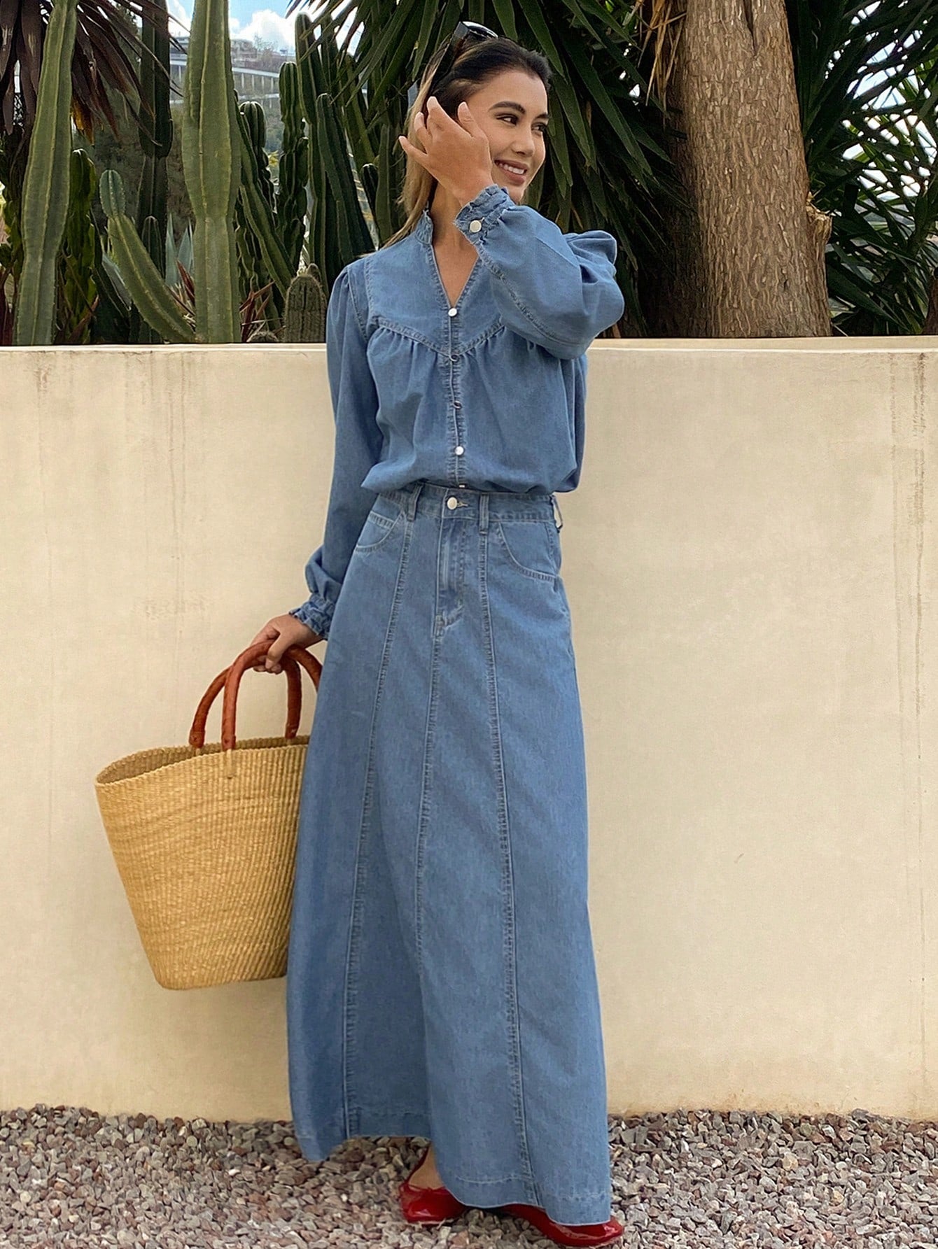 CM-SS787017 Women Casual Seoul Style Notched Neckline Long Sleeve Frill Trim Denim Shirt With Long Skirt - Set