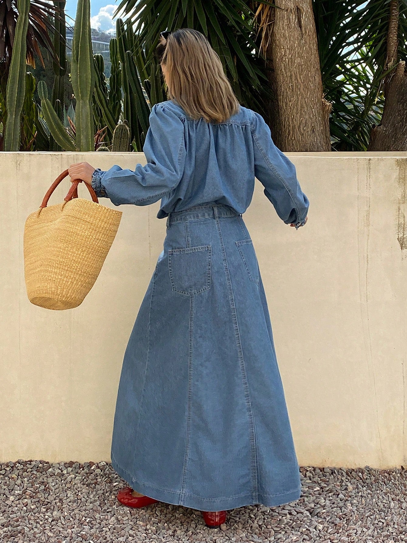 CM-SS787017 Women Casual Seoul Style Notched Neckline Long Sleeve Frill Trim Denim Shirt With Long Skirt - Set