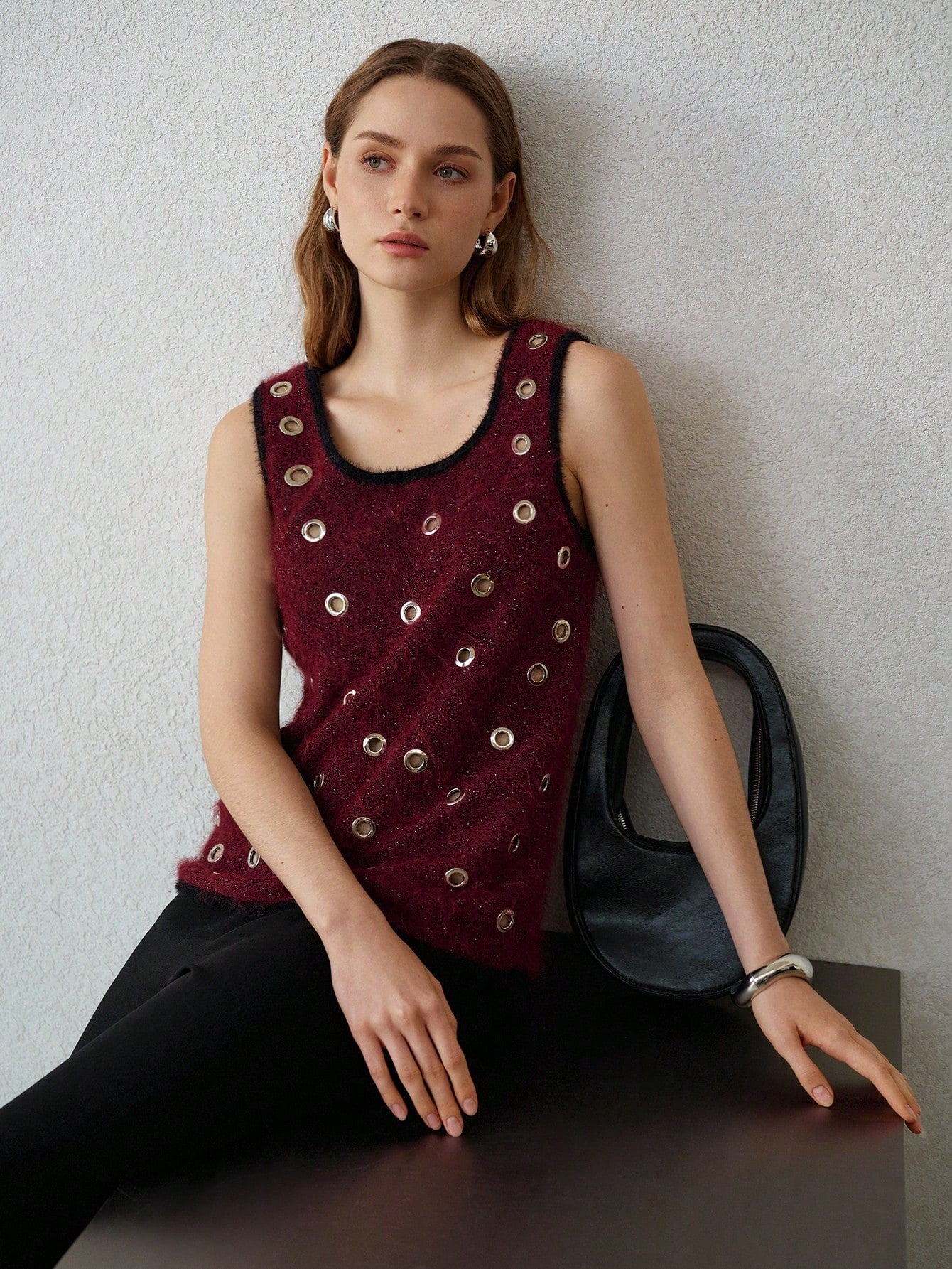 CM-TS841381 Women Elegant Seoul Style Scoop Neck Sleeveless Eyelet Tank Top - Burgundy