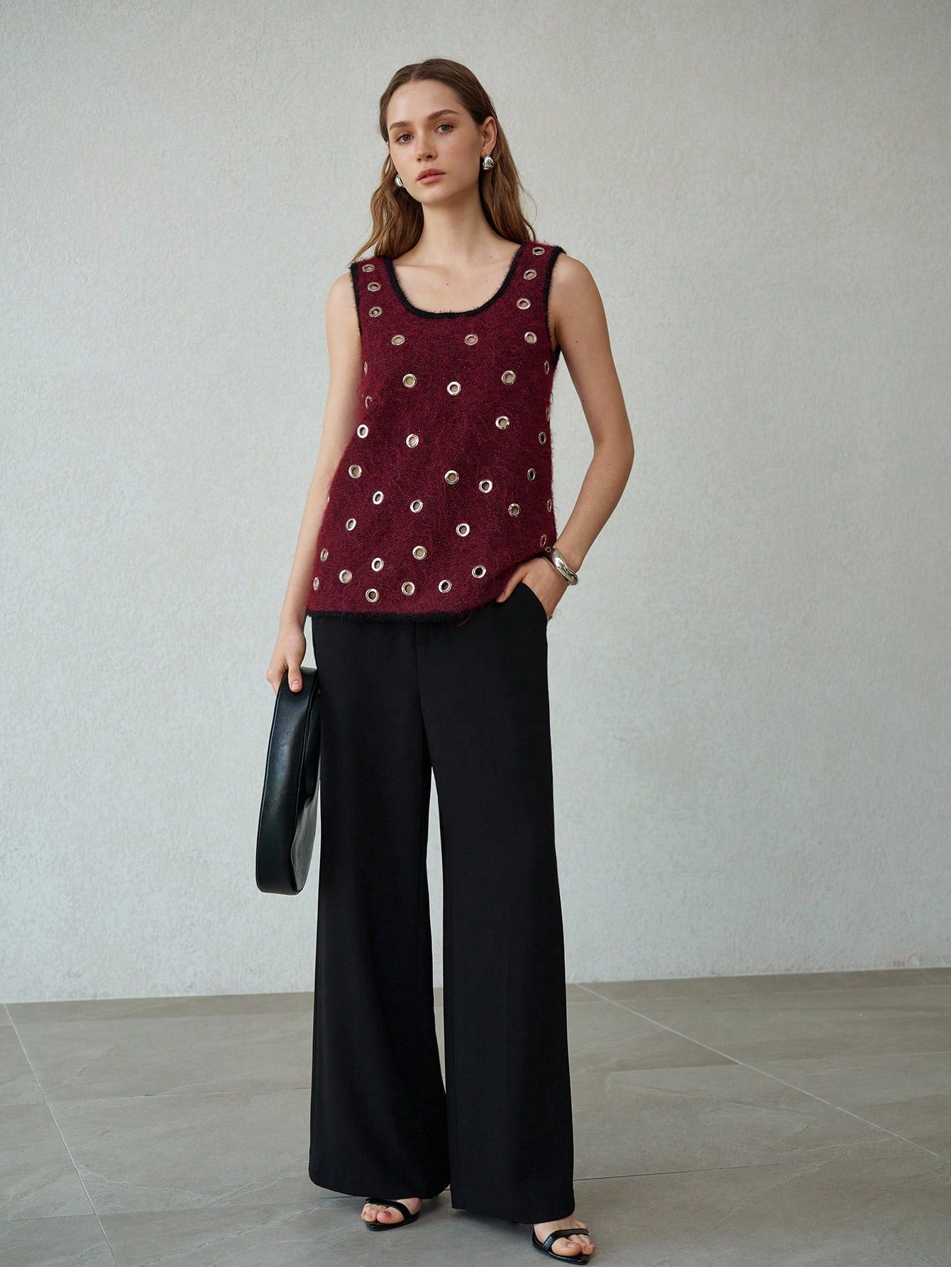 CM-TS841381 Women Elegant Seoul Style Scoop Neck Sleeveless Eyelet Tank Top - Burgundy