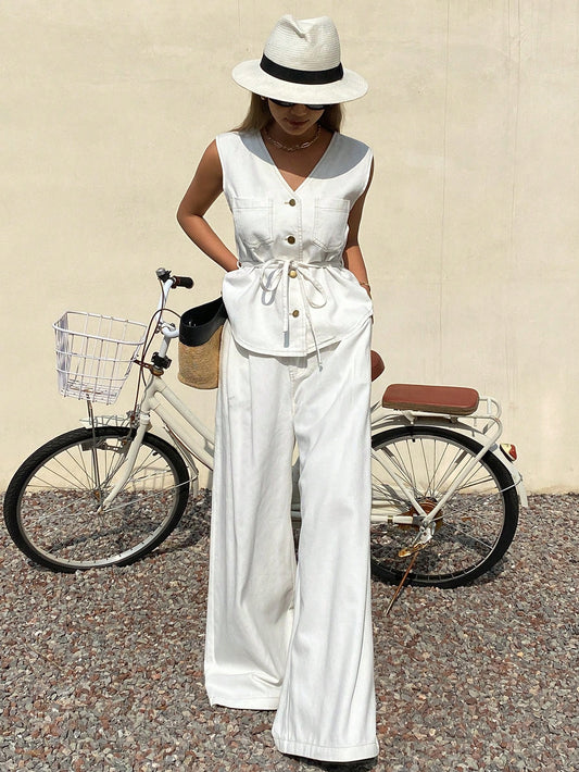 CM-SS647184 Women Casual Seoul Style V-Neck Sleeveless Denim Vest Top With Straight Leg Jeans - Set