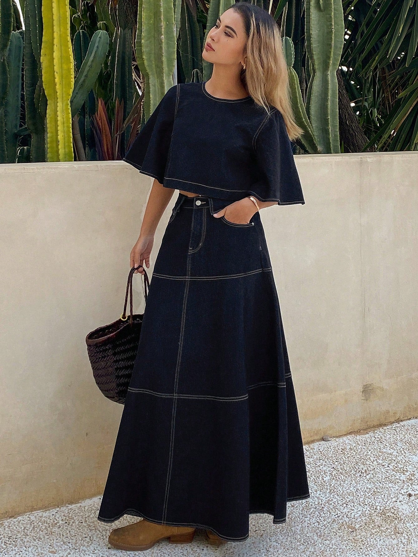 CM-SS099768 Women Elegant Seoul Style Round Neck Short 3/4 Flare Sleeve Denim Top With Loose Long Skirt - Set