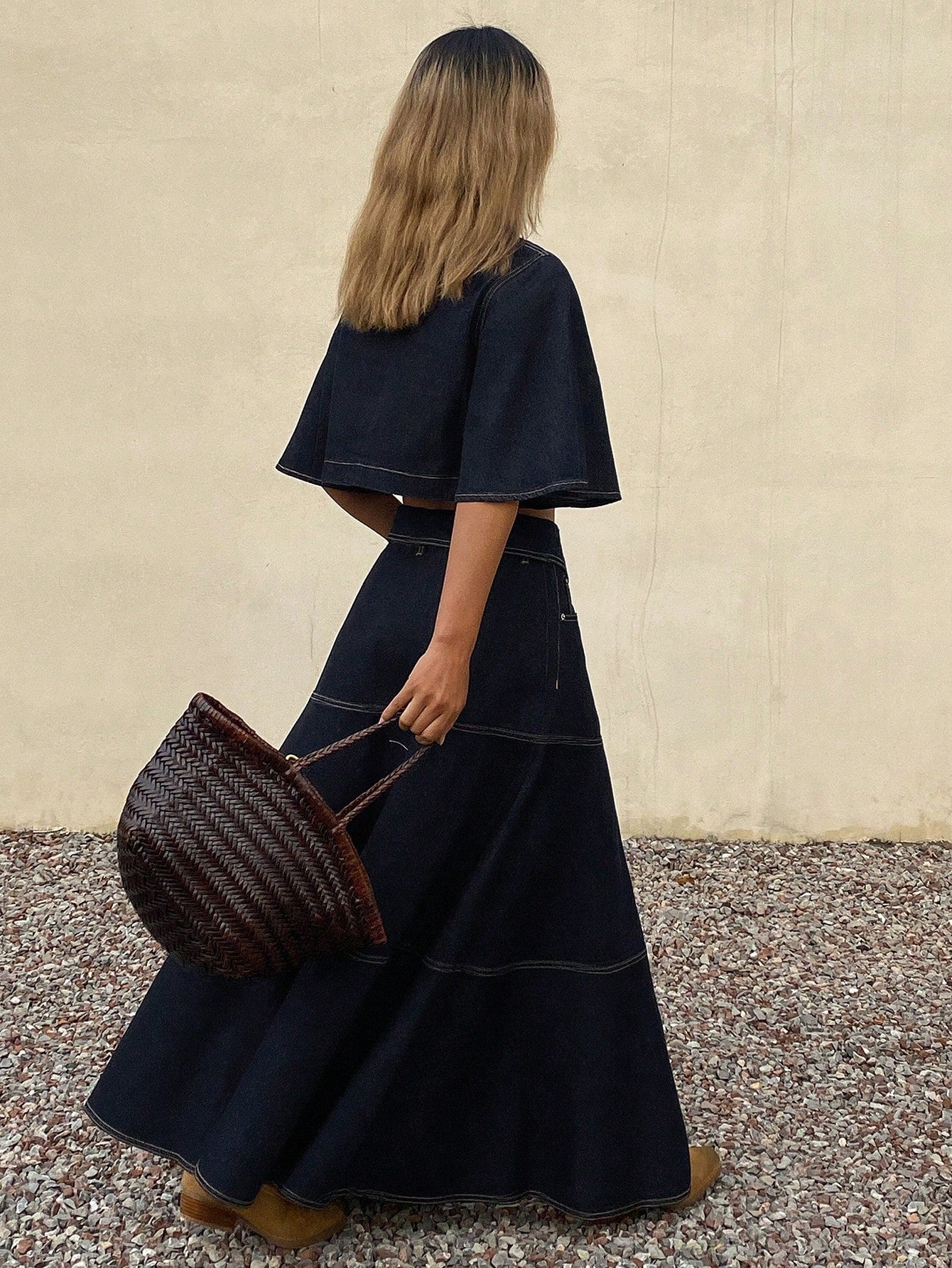 CM-SS099768 Women Elegant Seoul Style Round Neck Short 3/4 Flare Sleeve Denim Top With Loose Long Skirt - Set