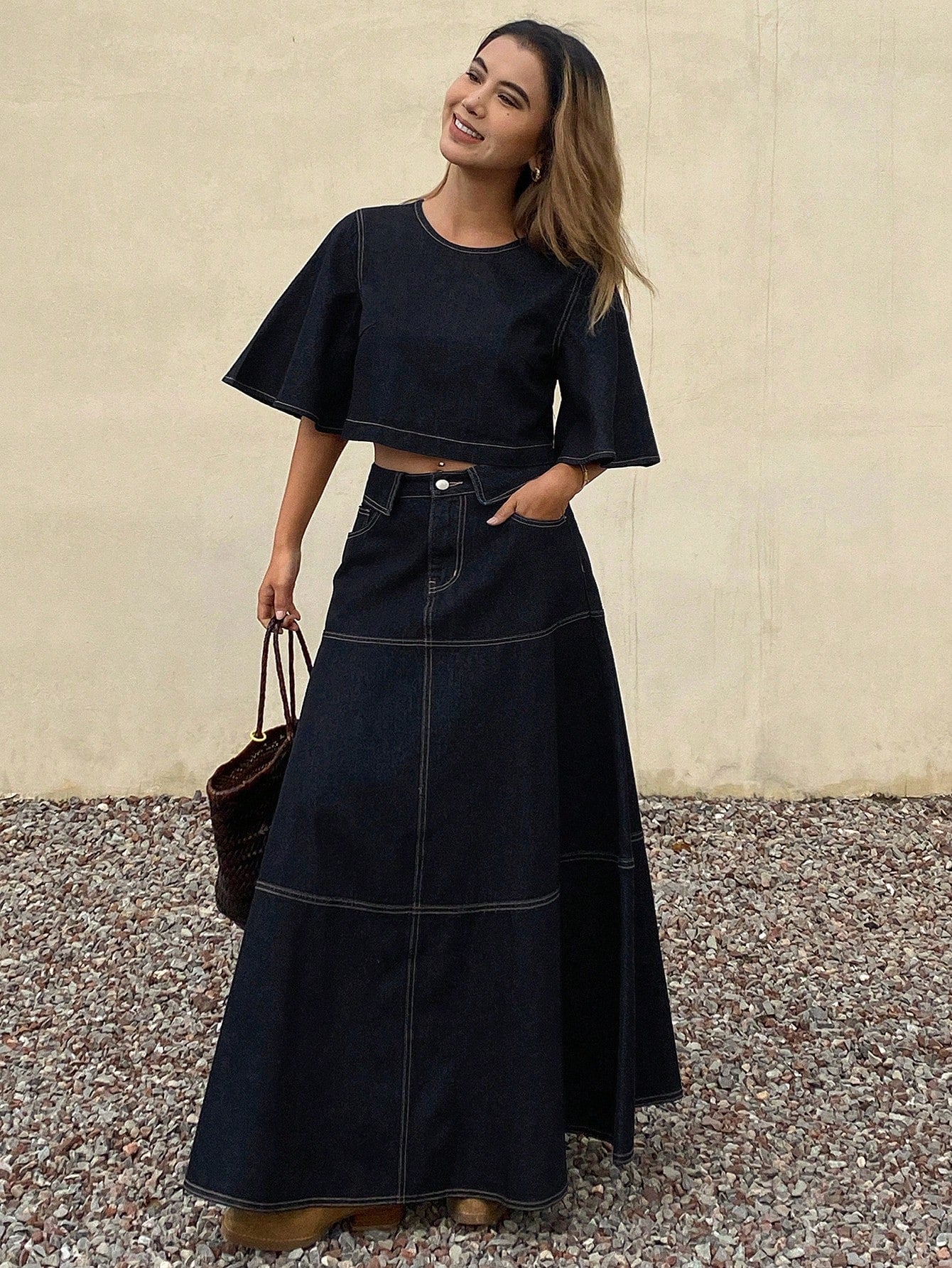 CM-SS099768 Women Elegant Seoul Style Round Neck Short 3/4 Flare Sleeve Denim Top With Loose Long Skirt - Set
