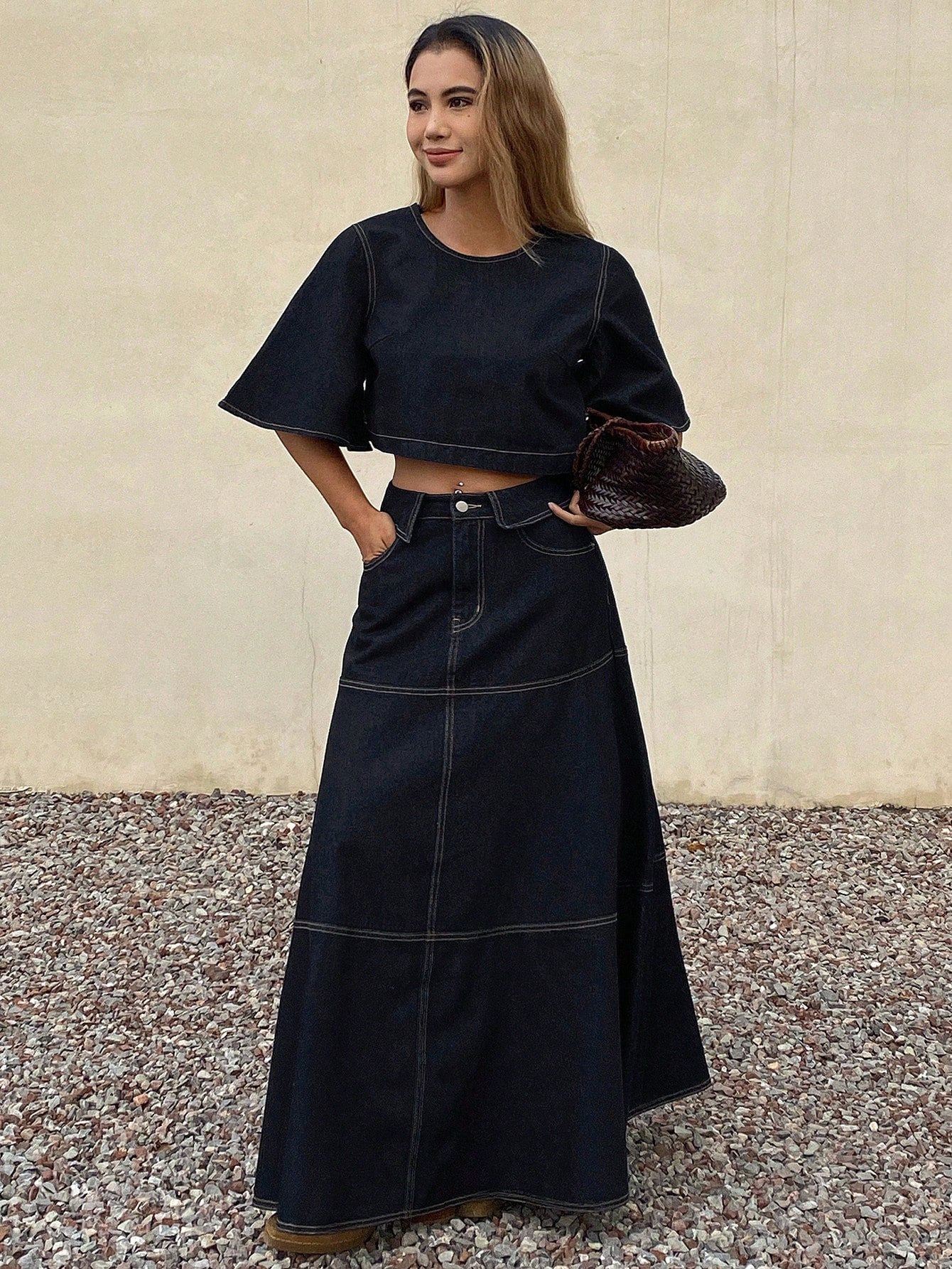 CM-SS099768 Women Elegant Seoul Style Round Neck Short 3/4 Flare Sleeve Denim Top With Loose Long Skirt - Set