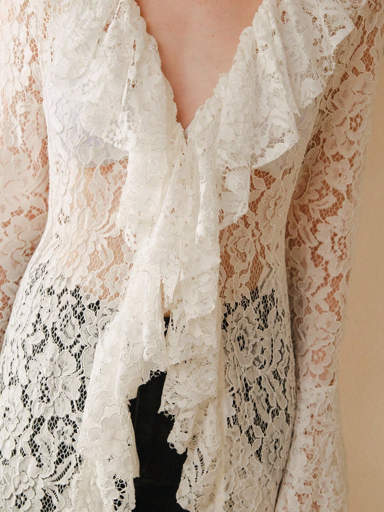 CM-TS786454 Women Elegant Seoul Style Lace Hollow Out V-Neck Long Sleeve Maxi Cover Up Top - White