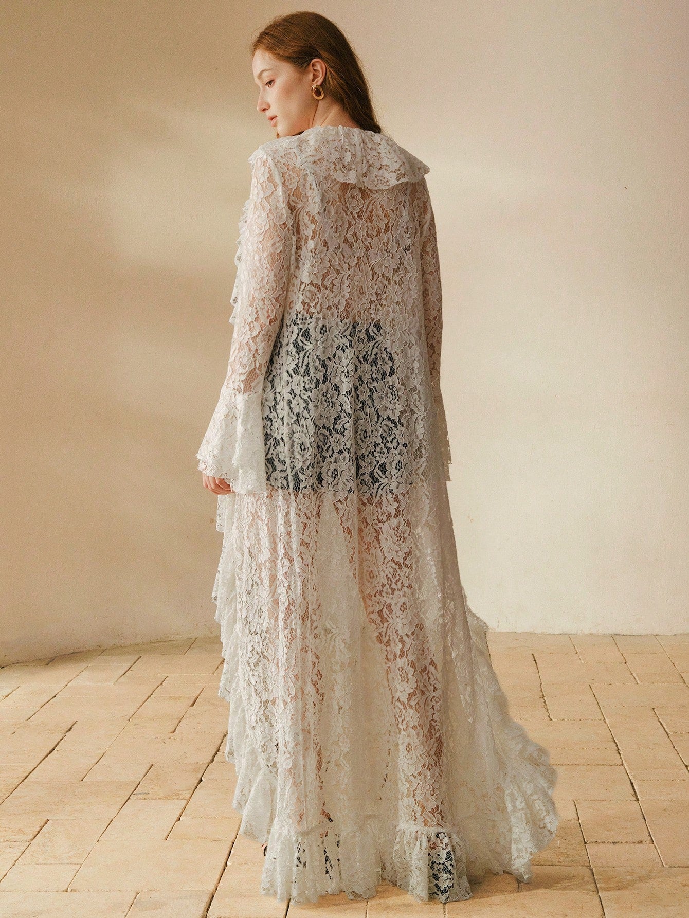 CM-TS786454 Women Elegant Seoul Style Lace Hollow Out V-Neck Long Sleeve Maxi Cover Up Top - White