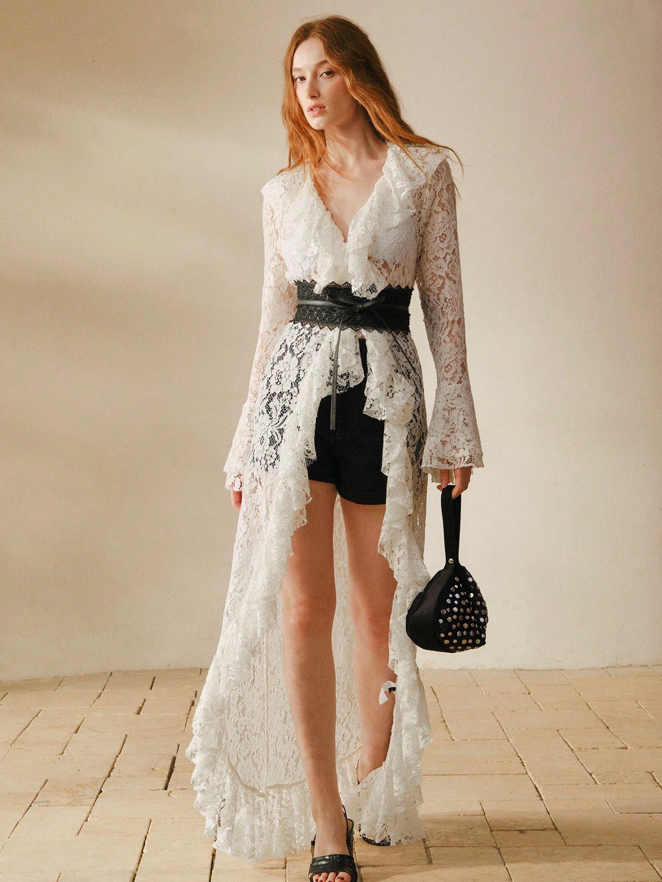 CM-TS786454 Women Elegant Seoul Style Lace Hollow Out V-Neck Long Sleeve Maxi Cover Up Top - White