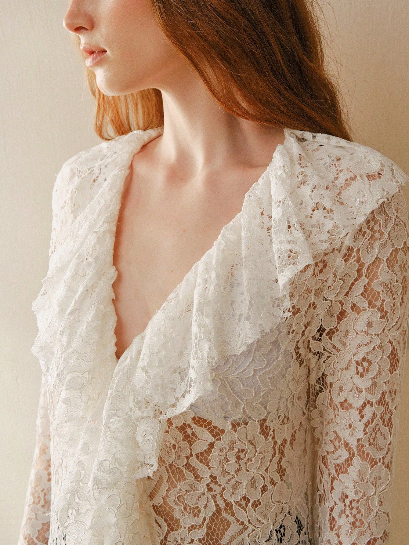 CM-TS786454 Women Elegant Seoul Style Lace Hollow Out V-Neck Long Sleeve Maxi Cover Up Top - White