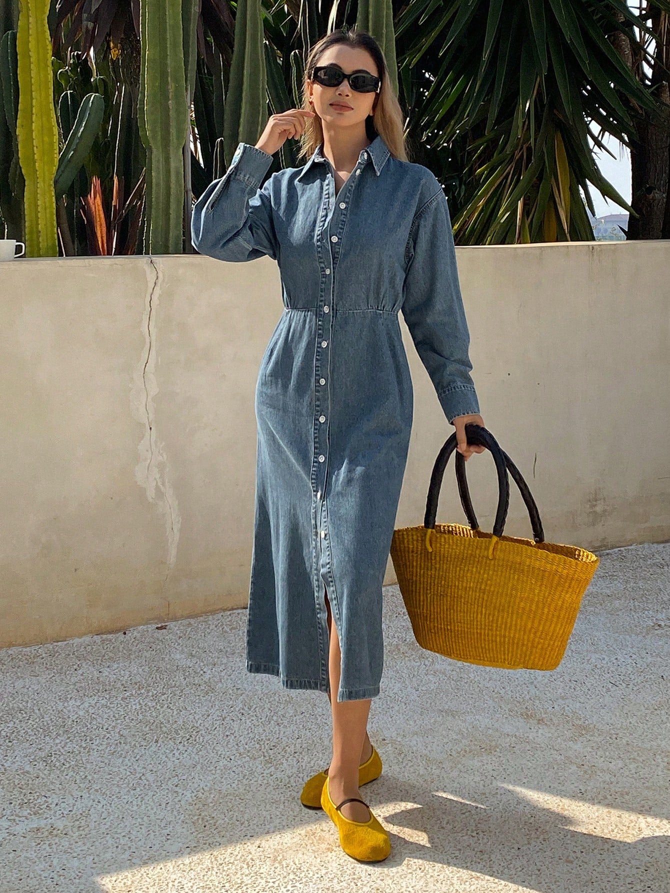 CM-DS394804 Women Casual Seoul Style Medium Wash Turndown Collar Waist Cinched Long Open Front Denim Dress