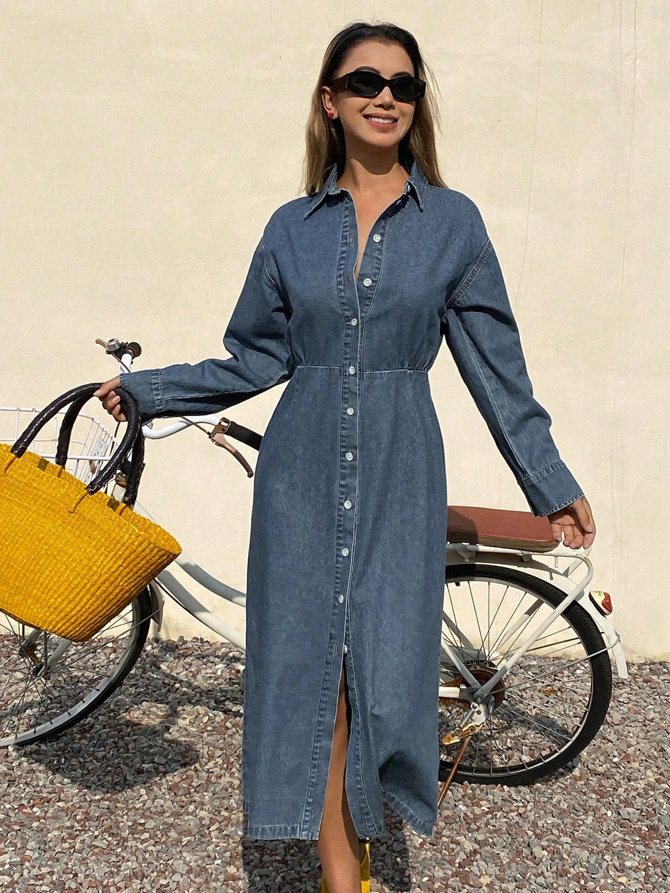 CM-DS394804 Women Casual Seoul Style Medium Wash Turndown Collar Waist Cinched Long Open Front Denim Dress