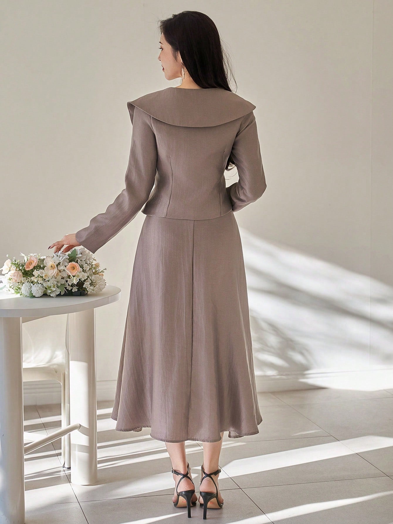 CM-SS183824 Women Elegant Seoul Style Solid Color Lapel Oblique Collar Blouse With A-Line Skirt - Set