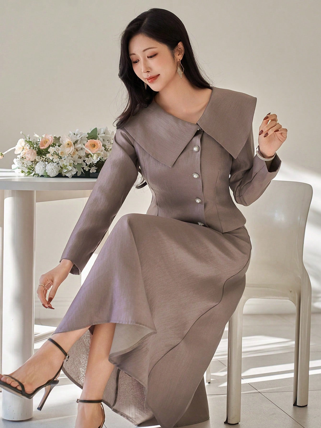 CM-SS183824 Women Elegant Seoul Style Solid Color Lapel Oblique Collar Blouse With A-Line Skirt - Set