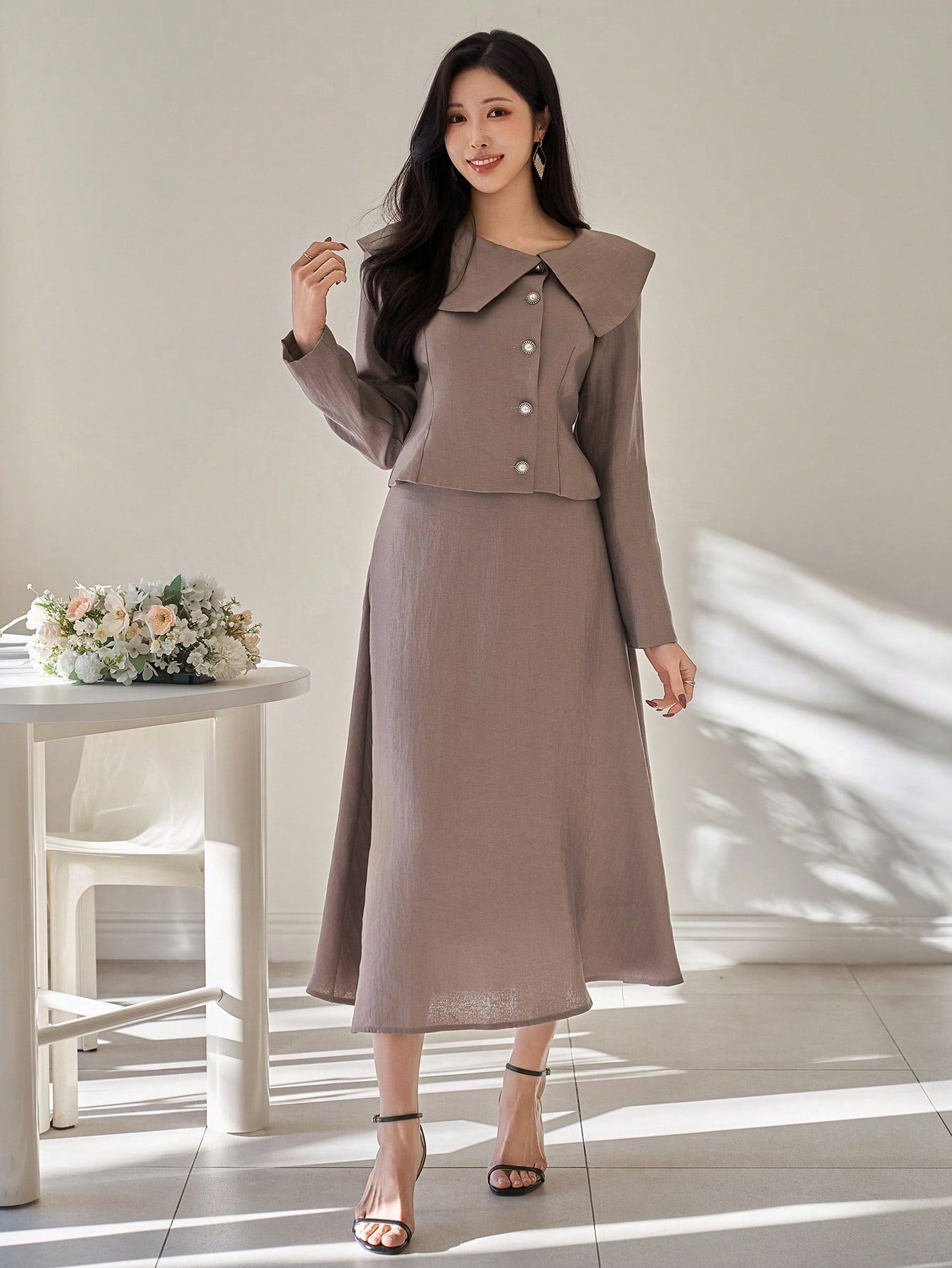 CM-SS183824 Women Elegant Seoul Style Solid Color Lapel Oblique Collar Blouse With A-Line Skirt - Set
