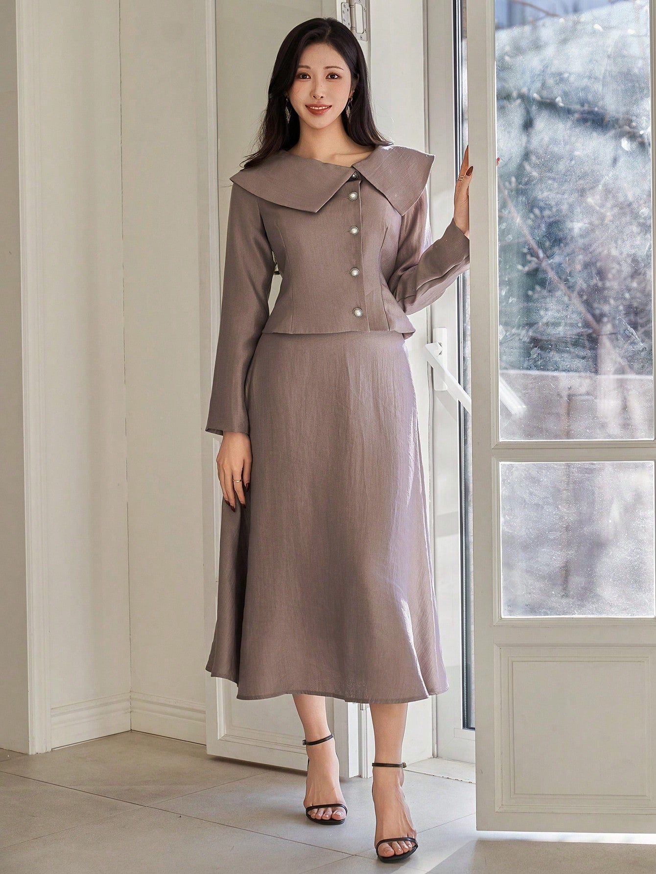 CM-SS183824 Women Elegant Seoul Style Solid Color Lapel Oblique Collar Blouse With A-Line Skirt - Set