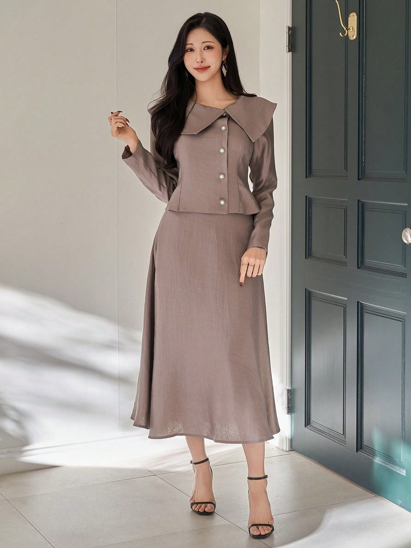 CM-SS183824 Women Elegant Seoul Style Solid Color Lapel Oblique Collar Blouse With A-Line Skirt - Set