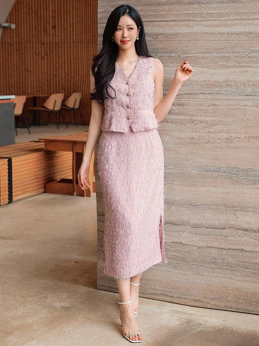 CM-SS253385 Women Elegant Seoul Style Textured V-Neck Faux Pocket Camisole With Midi Skirt - Set