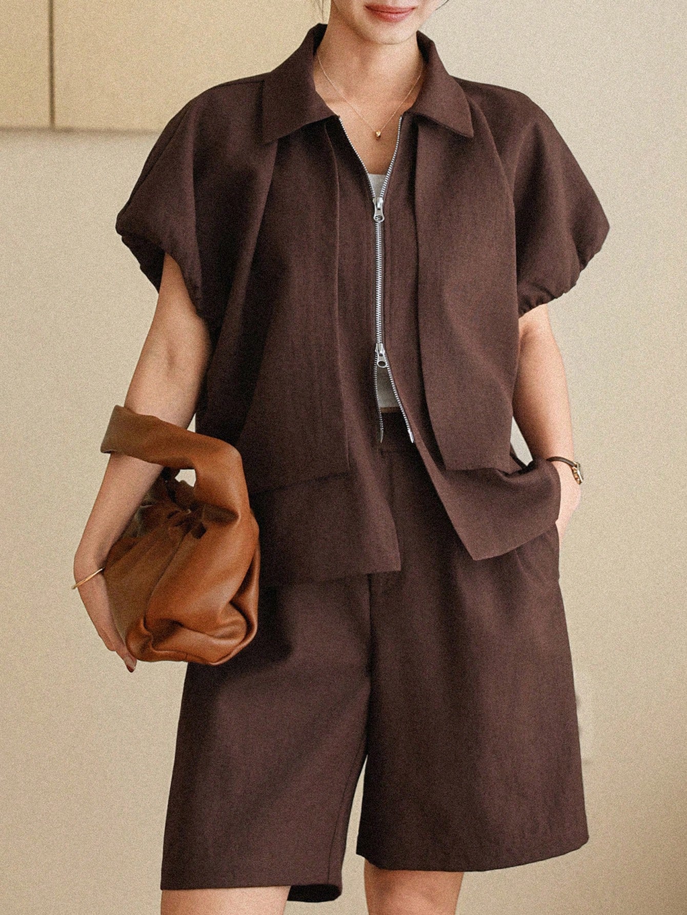 CM-SS071891 Women Casual Seoul Style Solid Color Collar Neckline Short Sleeve Top With Bermuda Shorts - Set