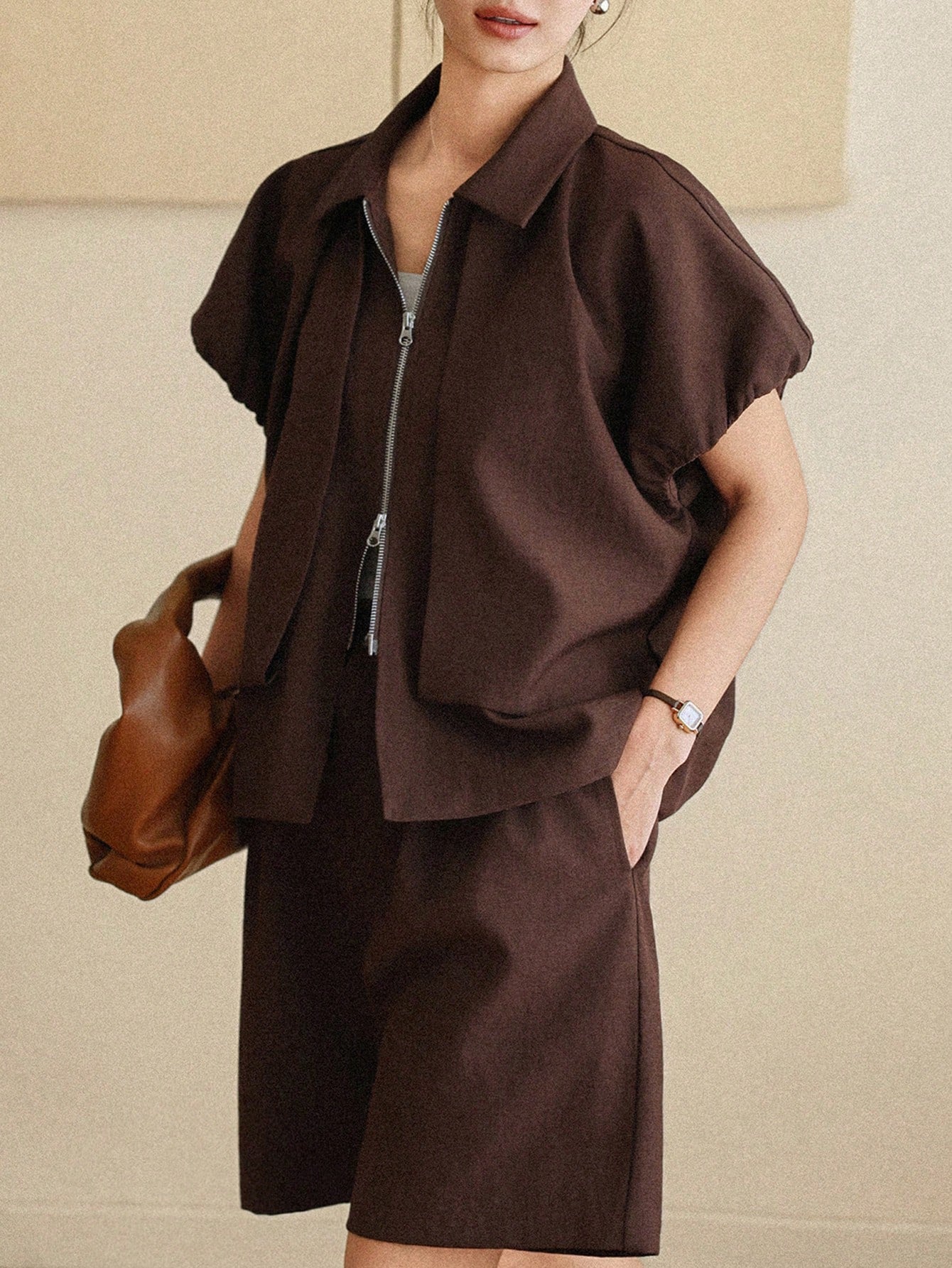 CM-SS071891 Women Casual Seoul Style Solid Color Collar Neckline Short Sleeve Top With Bermuda Shorts - Set