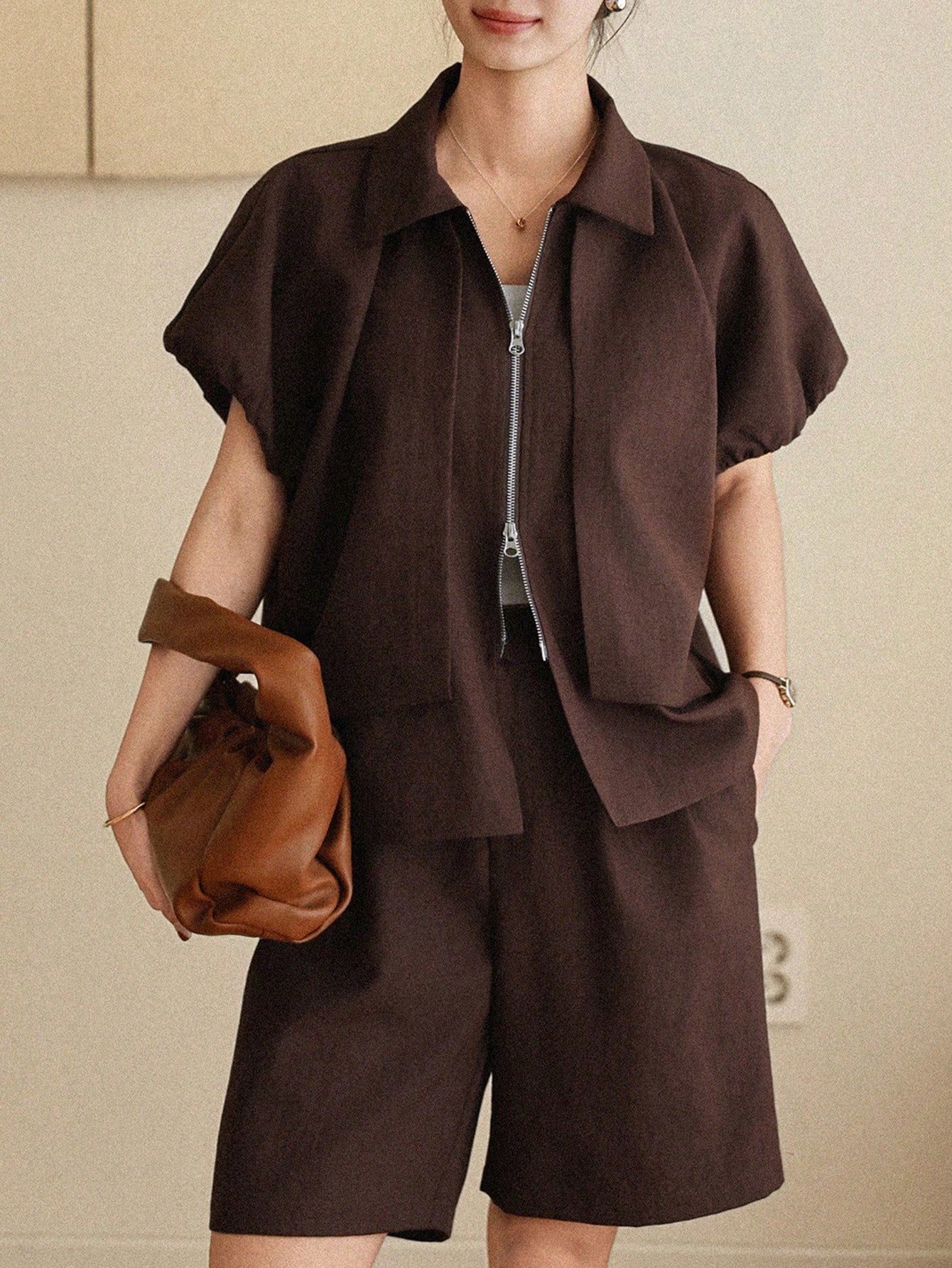 CM-SS071891 Women Casual Seoul Style Solid Color Collar Neckline Short Sleeve Top With Bermuda Shorts - Set