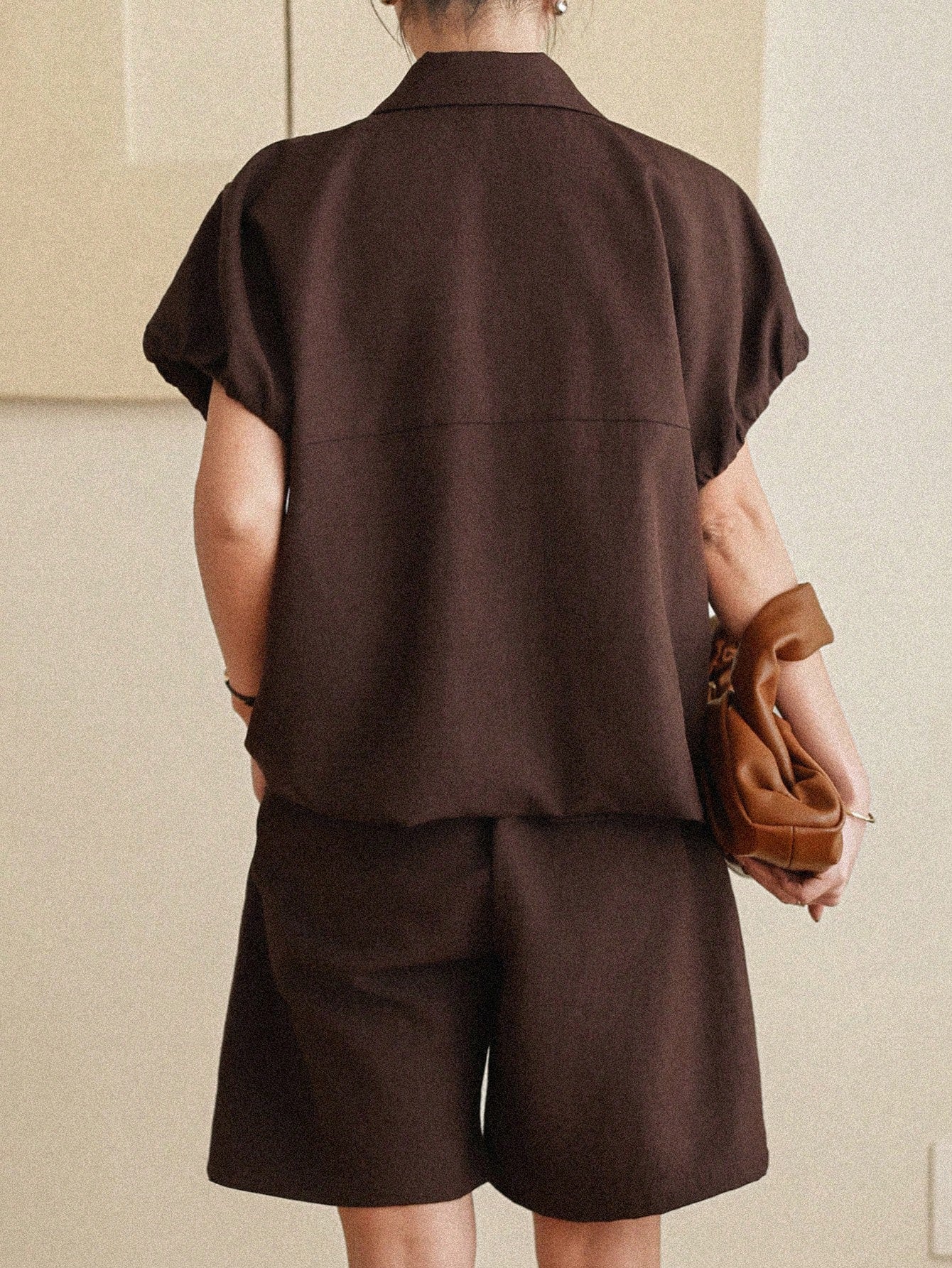CM-SS071891 Women Casual Seoul Style Solid Color Collar Neckline Short Sleeve Top With Bermuda Shorts - Set