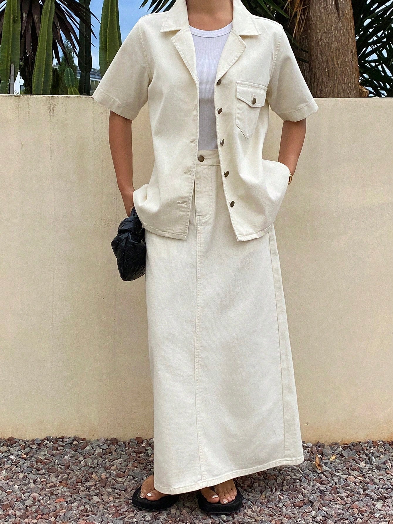 CM-SS177799 Women Casual Seoul Style Pocket Shirt Collar Short Sleeve Denim Blouse With Straight Skirt - Set