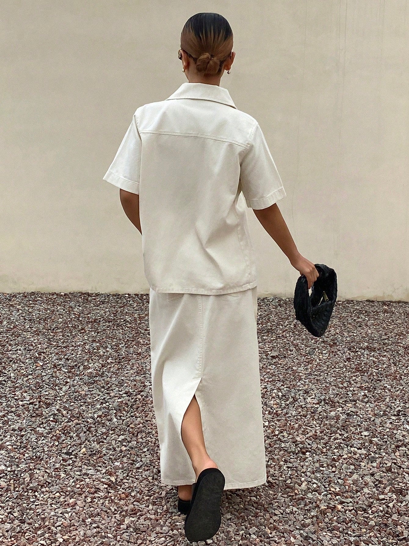 CM-SS177799 Women Casual Seoul Style Pocket Shirt Collar Short Sleeve Denim Blouse With Straight Skirt - Set