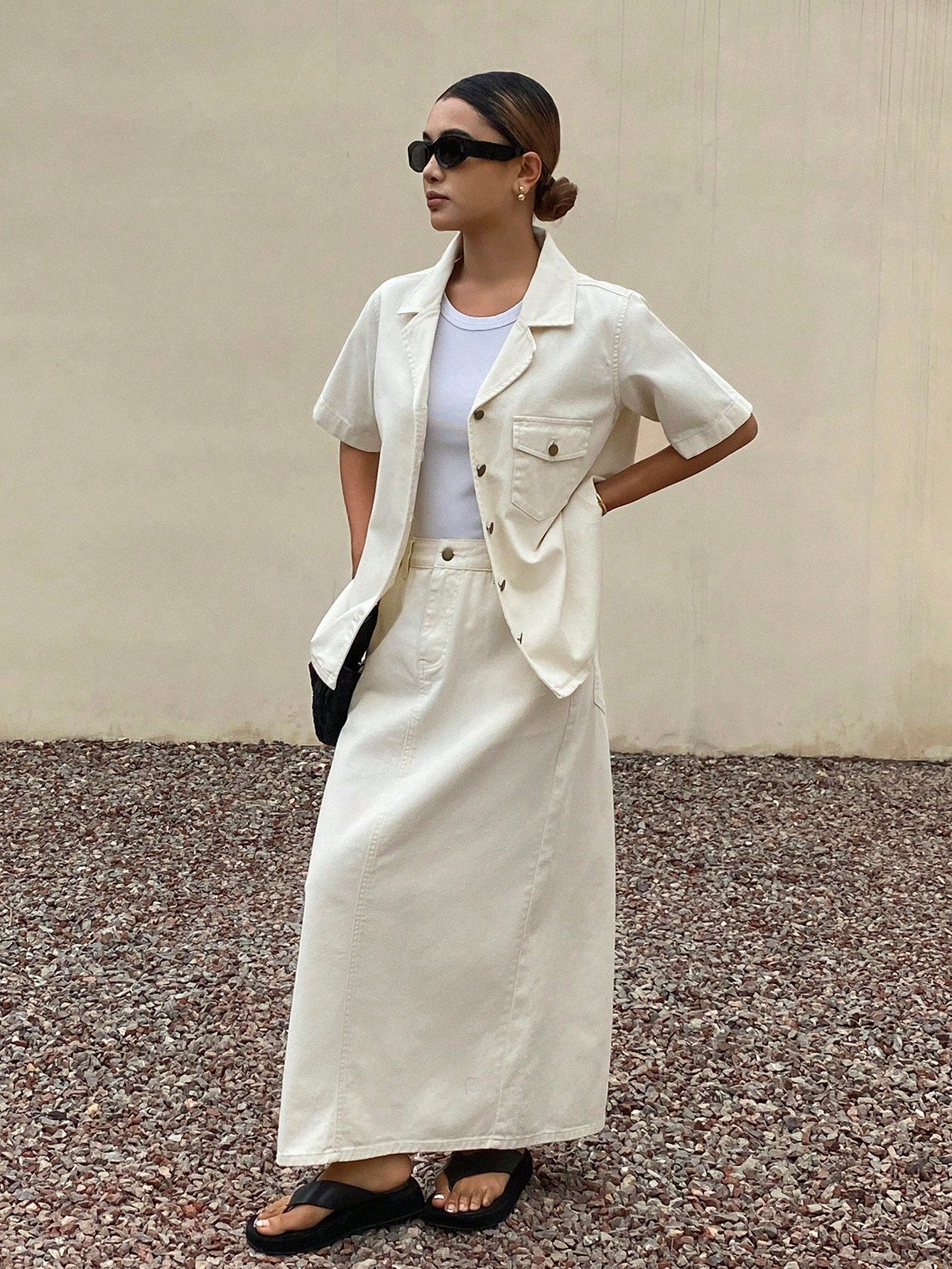 CM-SS177799 Women Casual Seoul Style Pocket Shirt Collar Short Sleeve Denim Blouse With Straight Skirt - Set