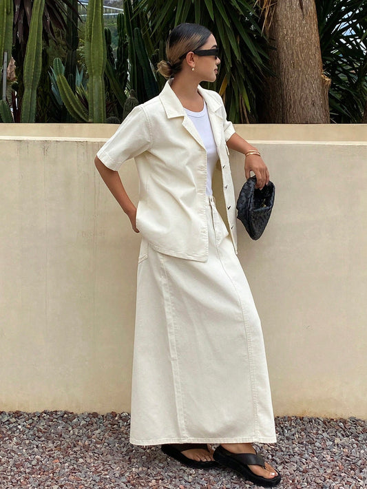 CM-SS177799 Women Casual Seoul Style Pocket Shirt Collar Short Sleeve Denim Blouse With Straight Skirt - Set